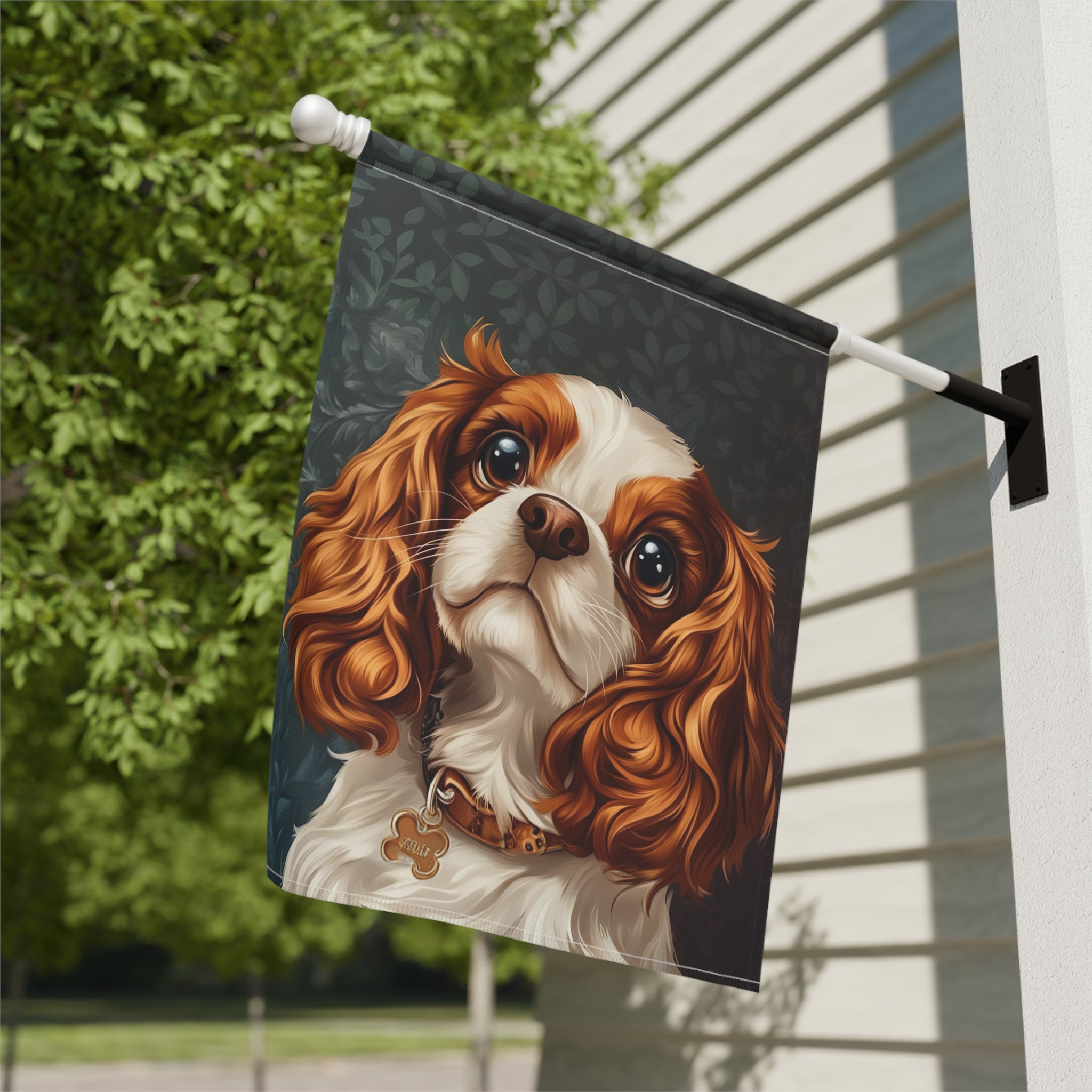 Cavalier King Charles Spaniel Garden Flag - close-up detail - Dragonfire Gardens