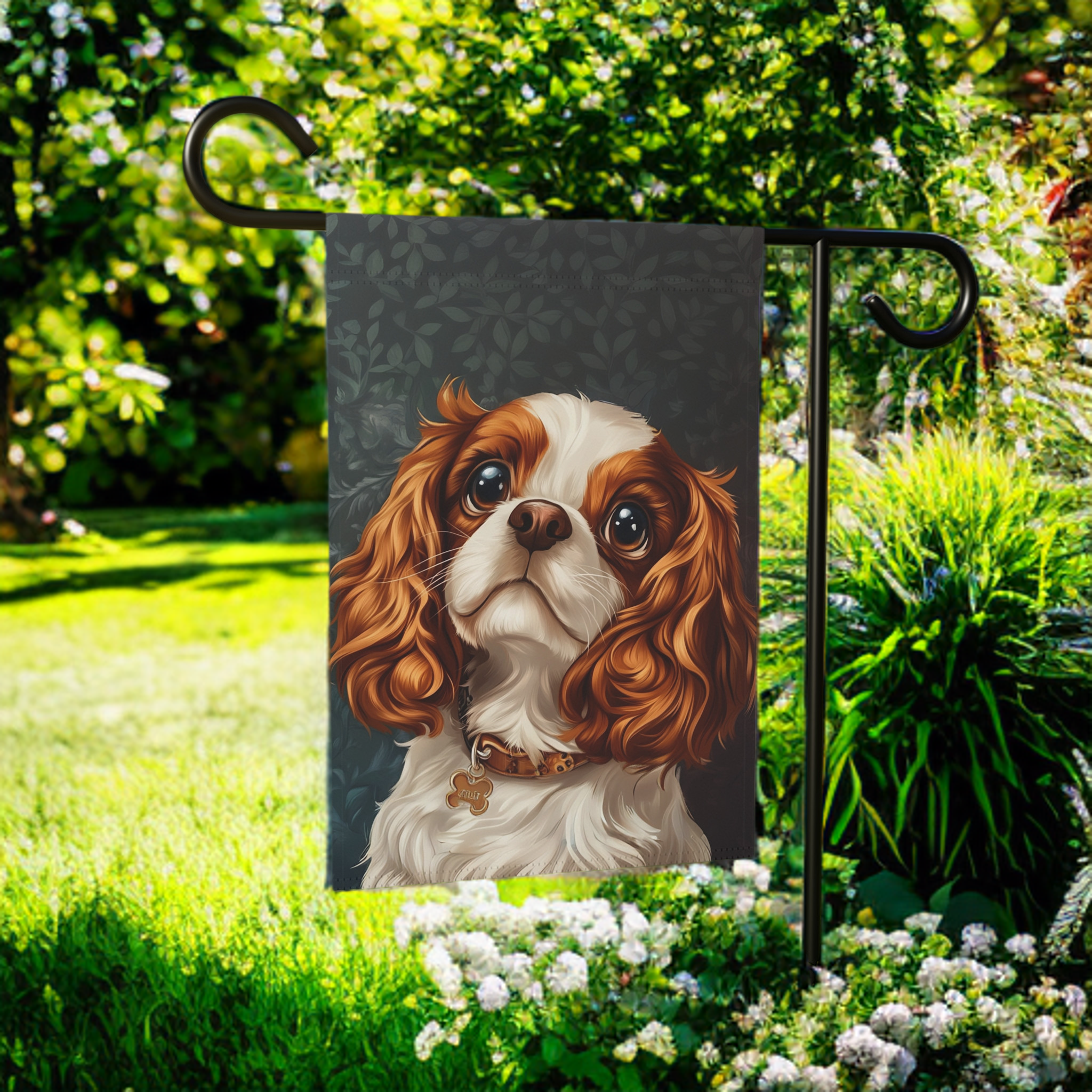 Cavalier King Charles Spaniel Garden Flag - size comparison - Dragonfire Gardens