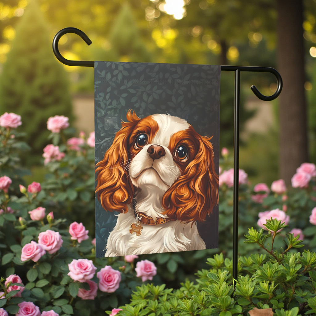 Cavalier King Charles Spaniel Garden Flag - lifestyle display - Dragonfire Gardens