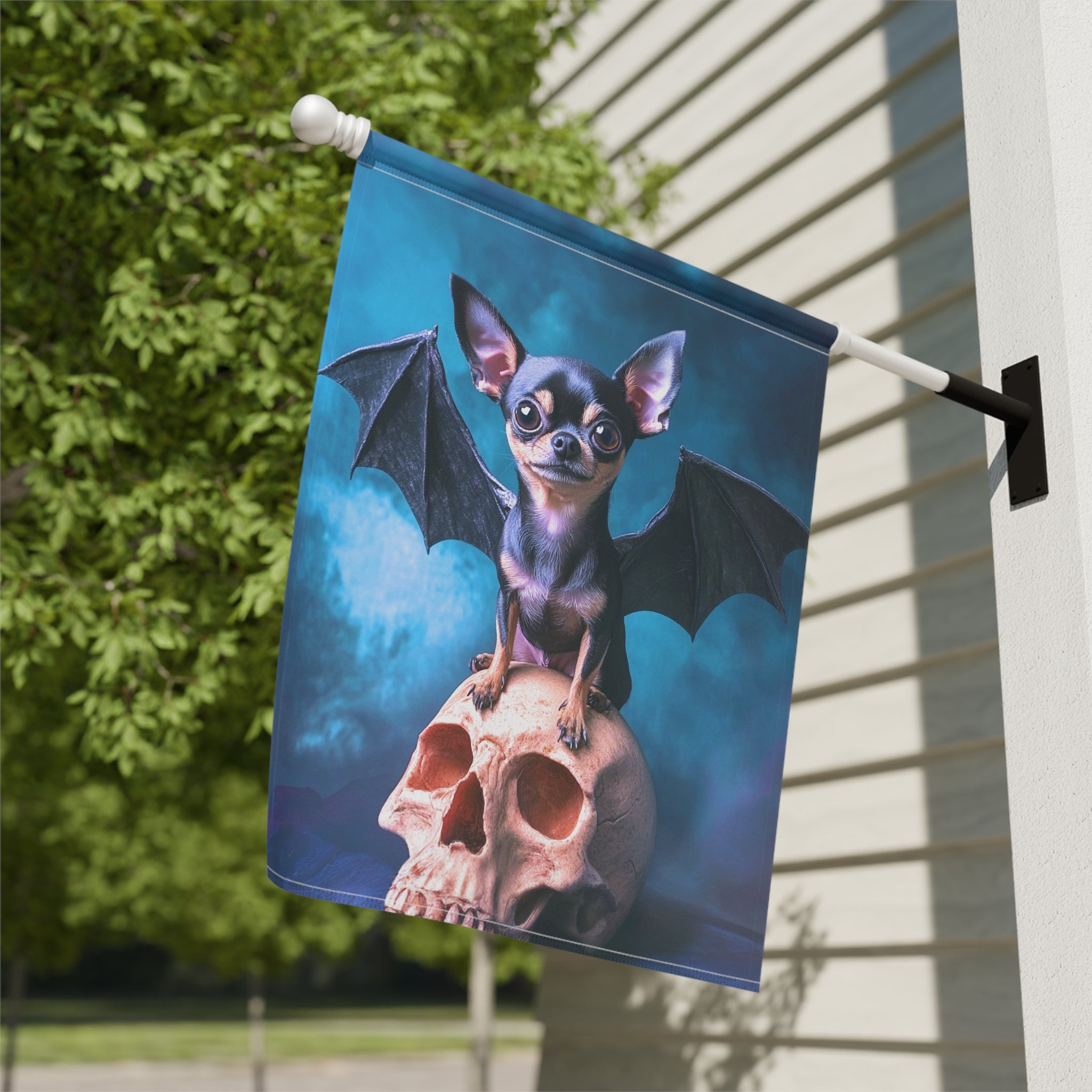 Chihuahua Bat Halloween Garden Flag - close-up detail - Dragonfire Gardens
