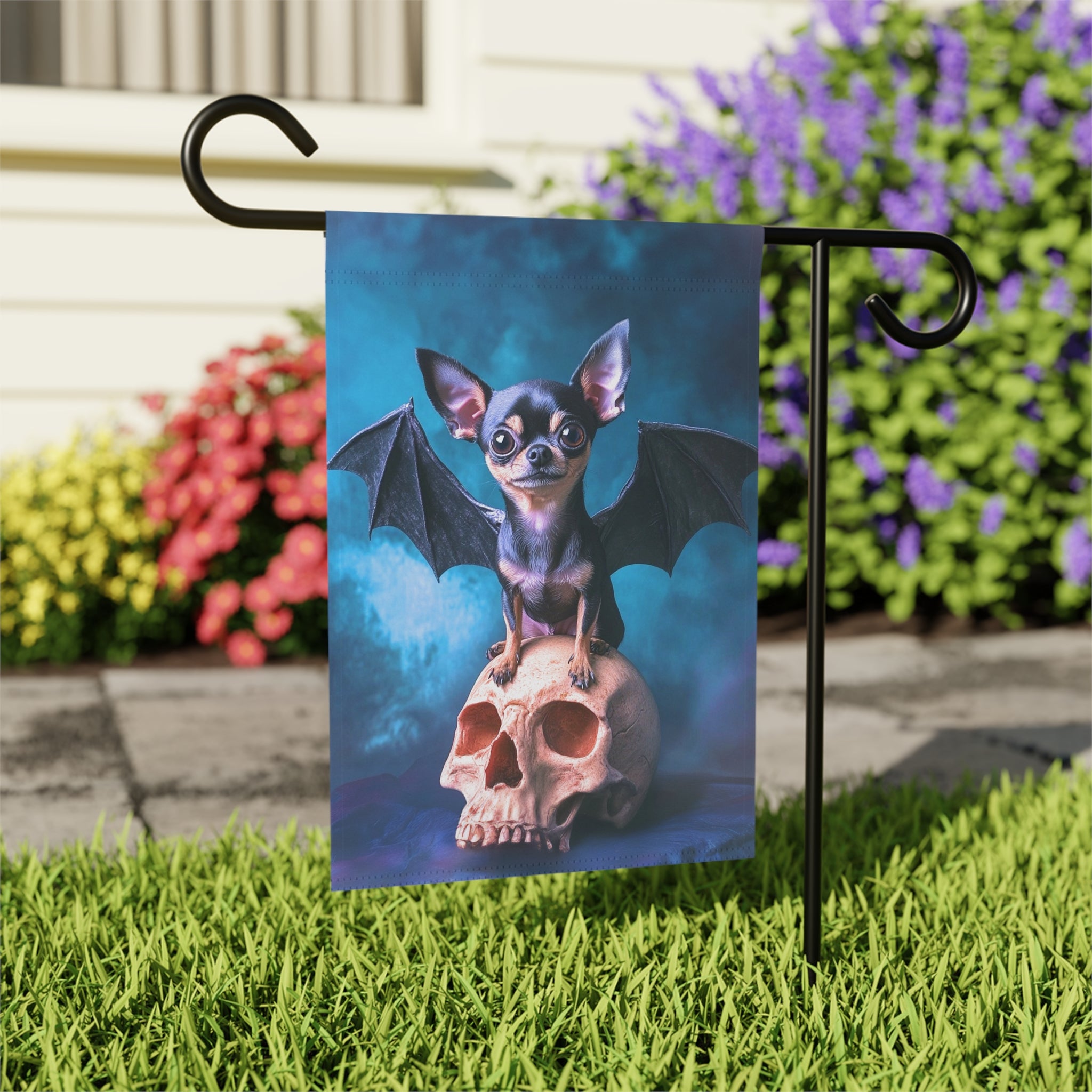 Chihuahua Bat Halloween Garden Flag - outdoor display - Dragonfire Gardens