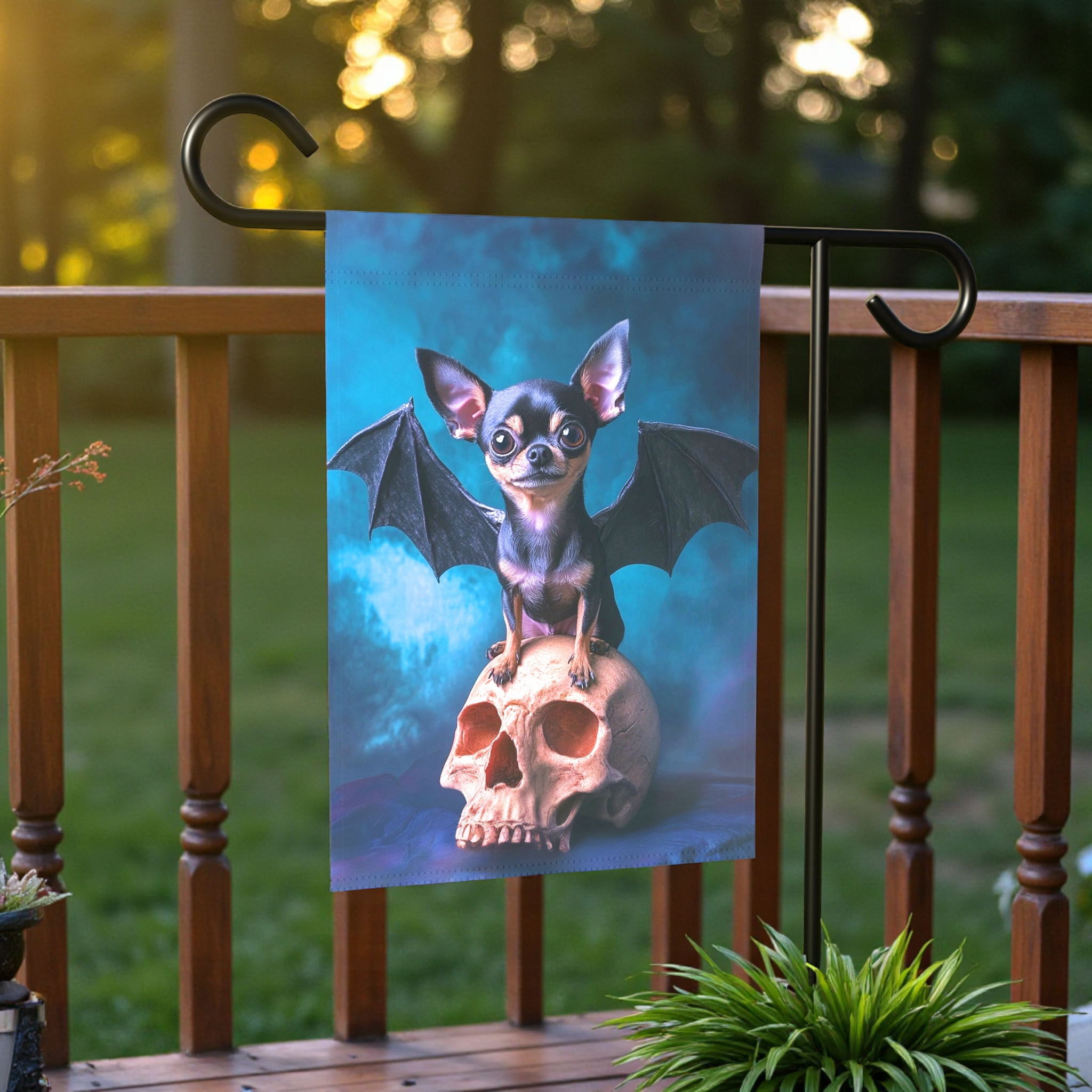 Chihuahua Bat Halloween Garden Flag - front view - Dragonfire Gardens
