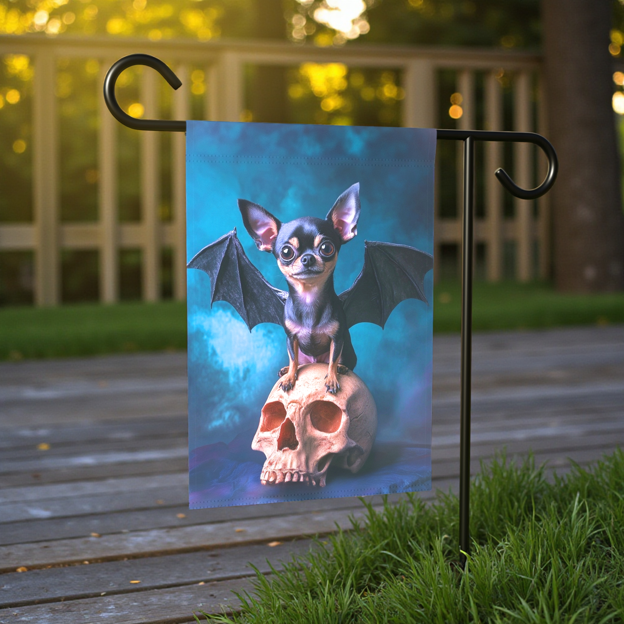 Chihuahua Bat Halloween Garden Flag - size comparison - Dragonfire Gardens