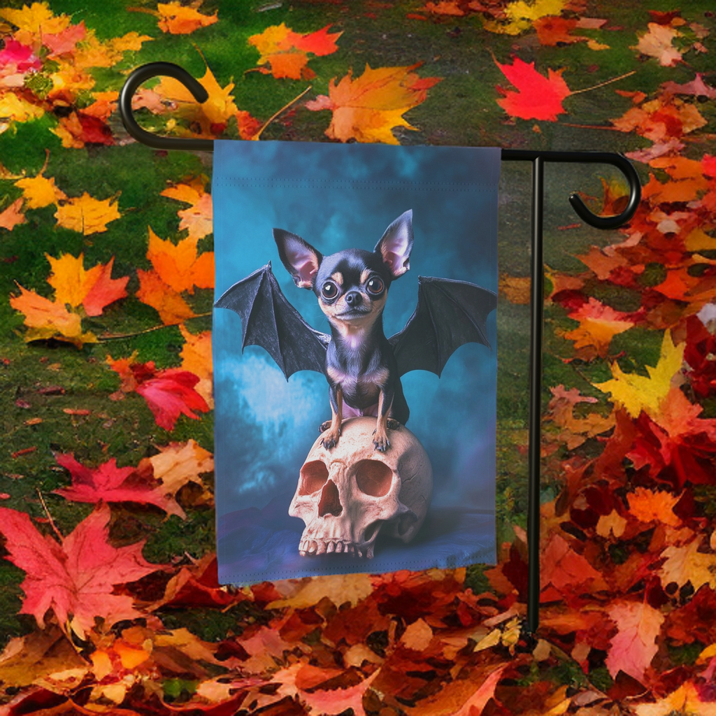 Chihuahua Bat Halloween Garden Flag - lifestyle display - Dragonfire Gardens