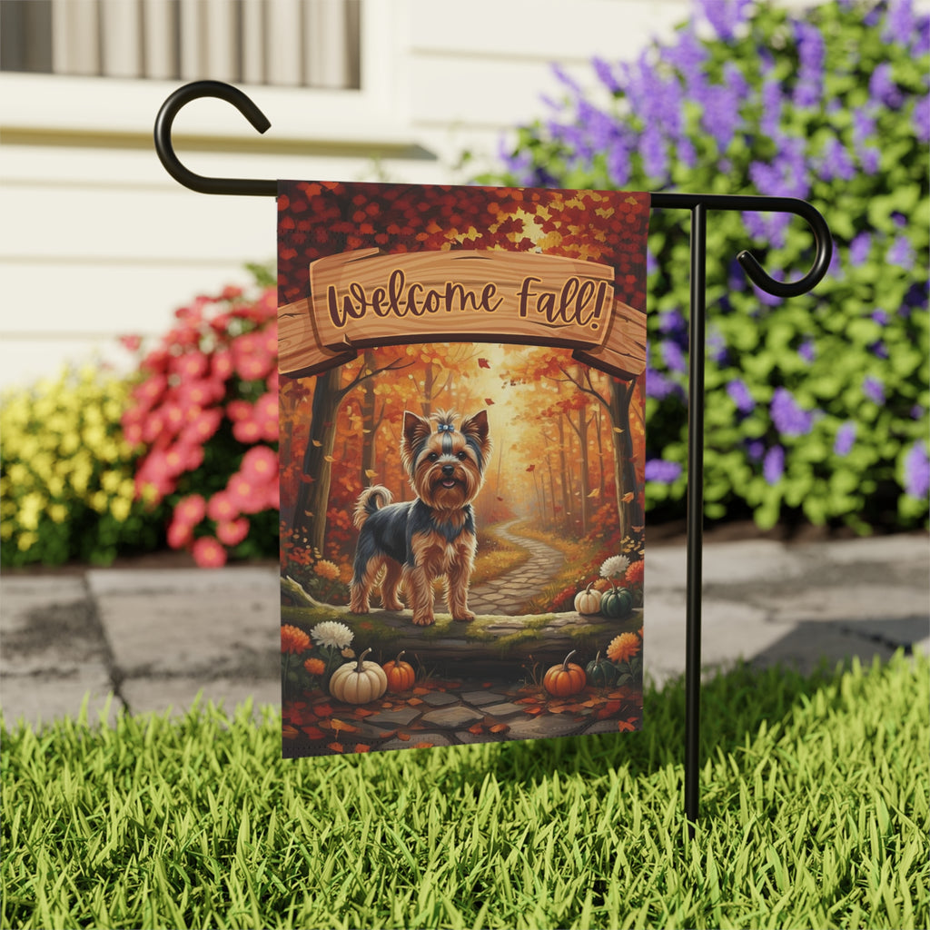 Welcome Fall Yorkshire Terrier Garden Flag - outdoor display - Dragonfire Gardens