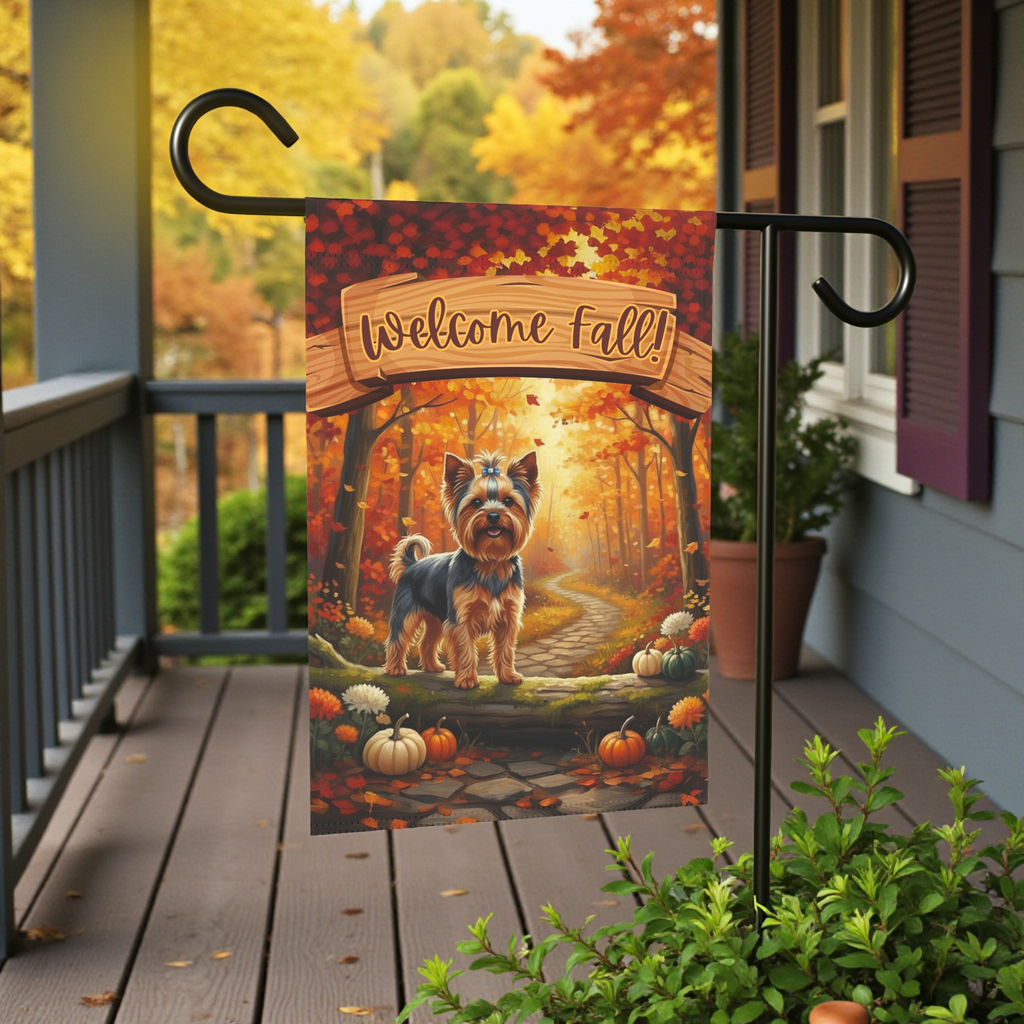 Welcome Fall Yorkshire Terrier Garden Flag - size comparison - Dragonfire Gardens