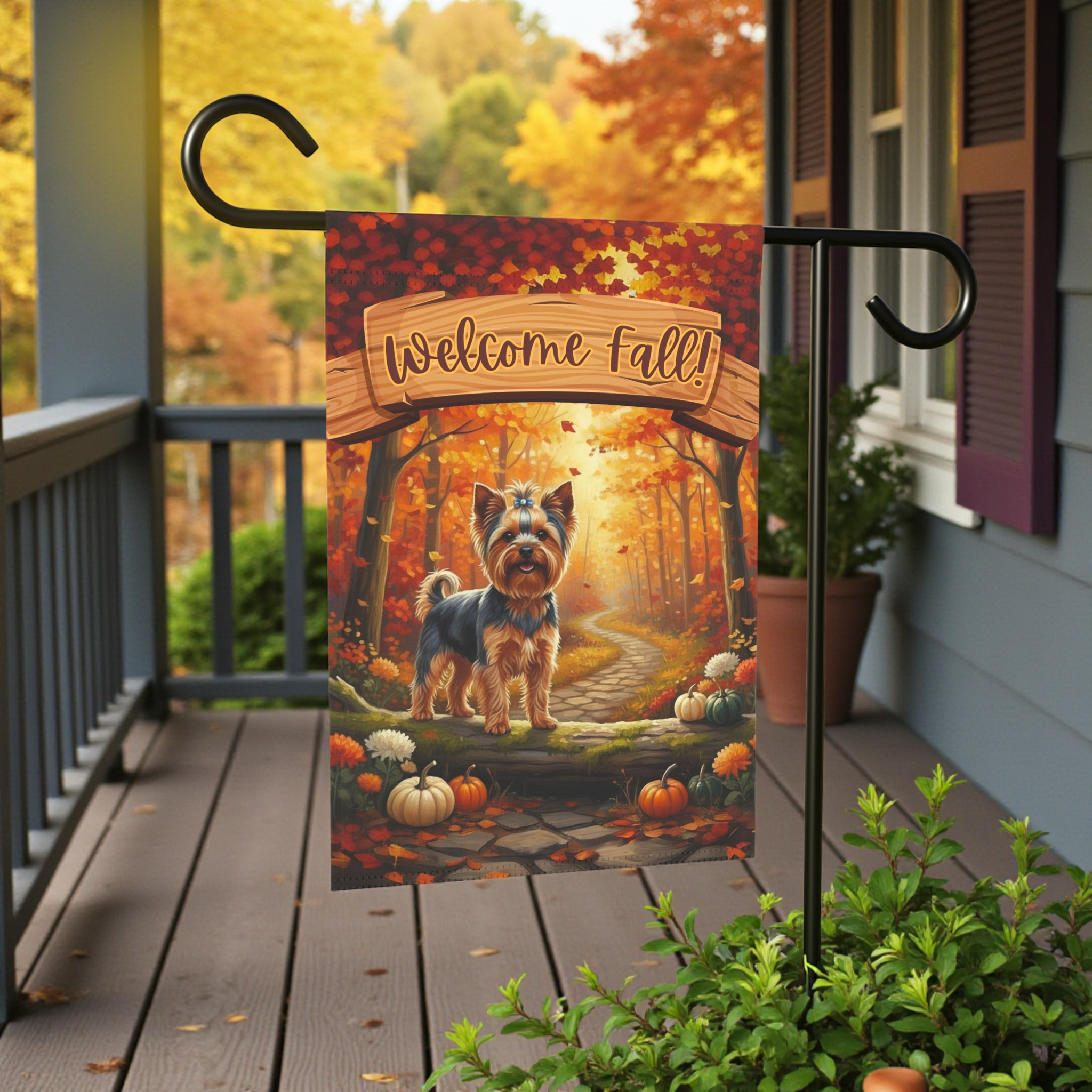 Welcome Fall Yorkshire Terrier Garden Flag - size comparison - Dragonfire Gardens