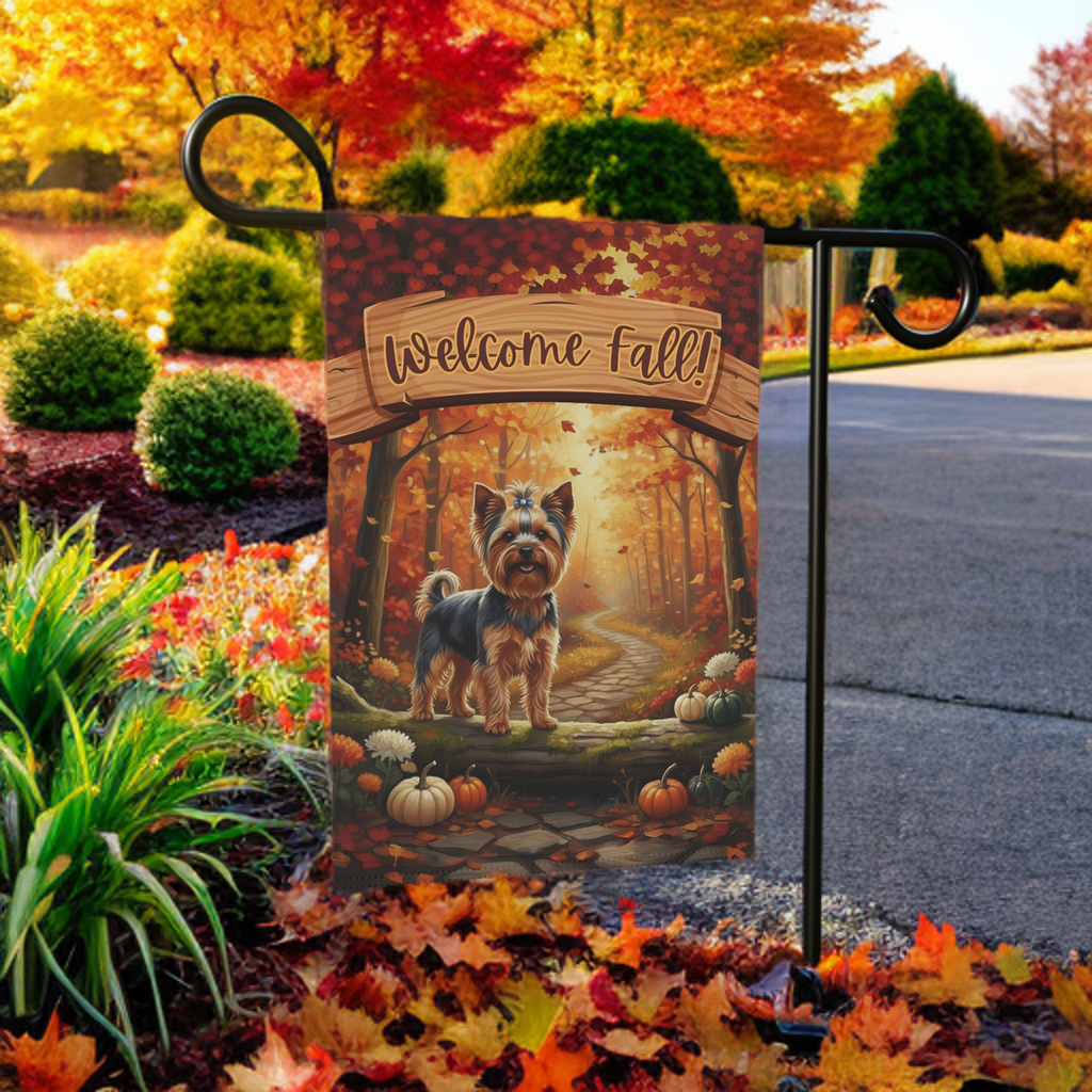 Welcome Fall Yorkshire Terrier Garden Flag - lifestyle display - Dragonfire Gardens
