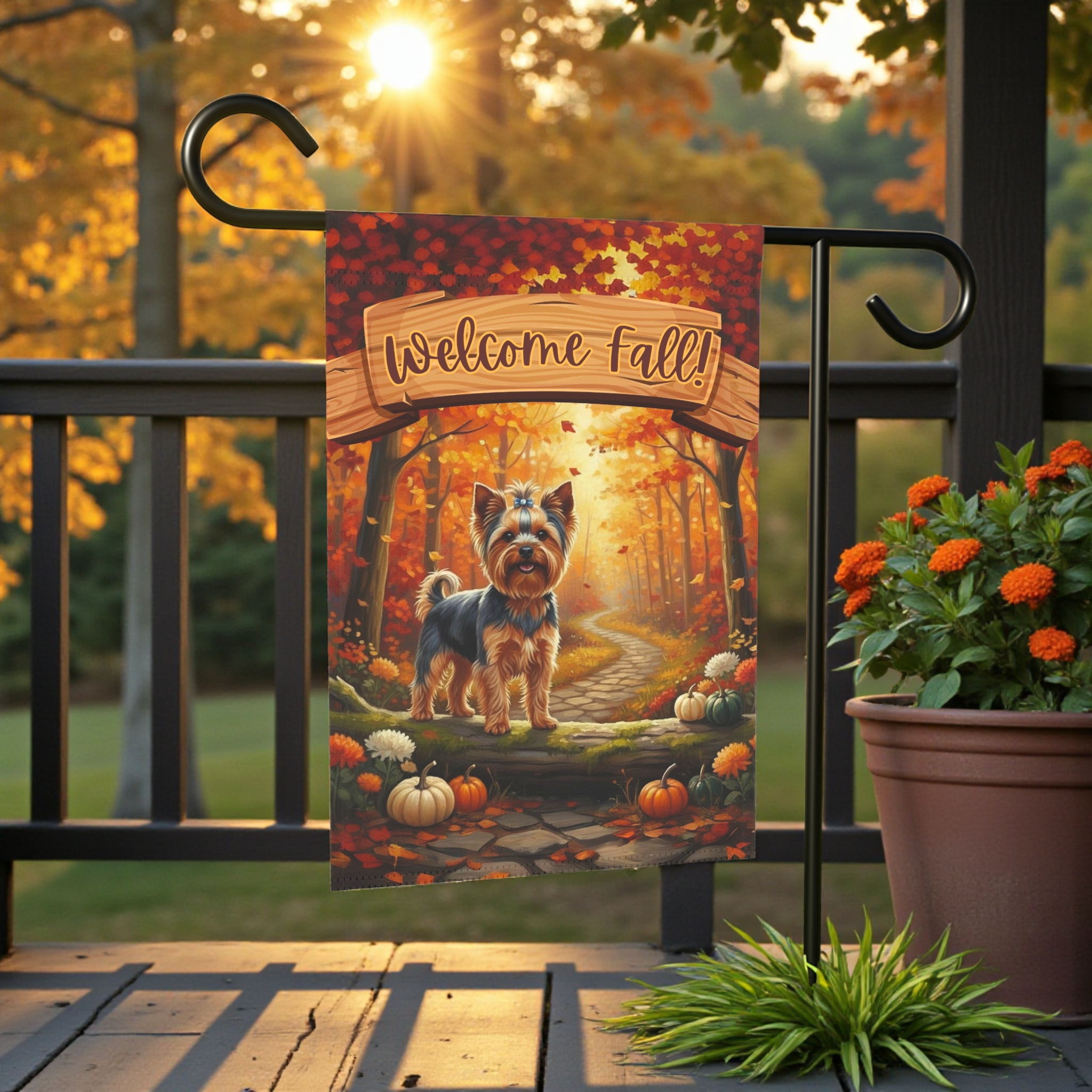 Welcome Fall Yorkshire Terrier Garden Flag - front view - Dragonfire Gardens
