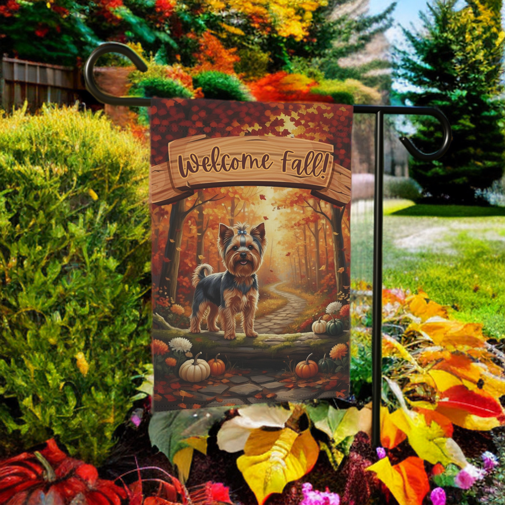 Welcome Fall Yorkshire Terrier Garden Flag - product detail - Dragonfire Gardens