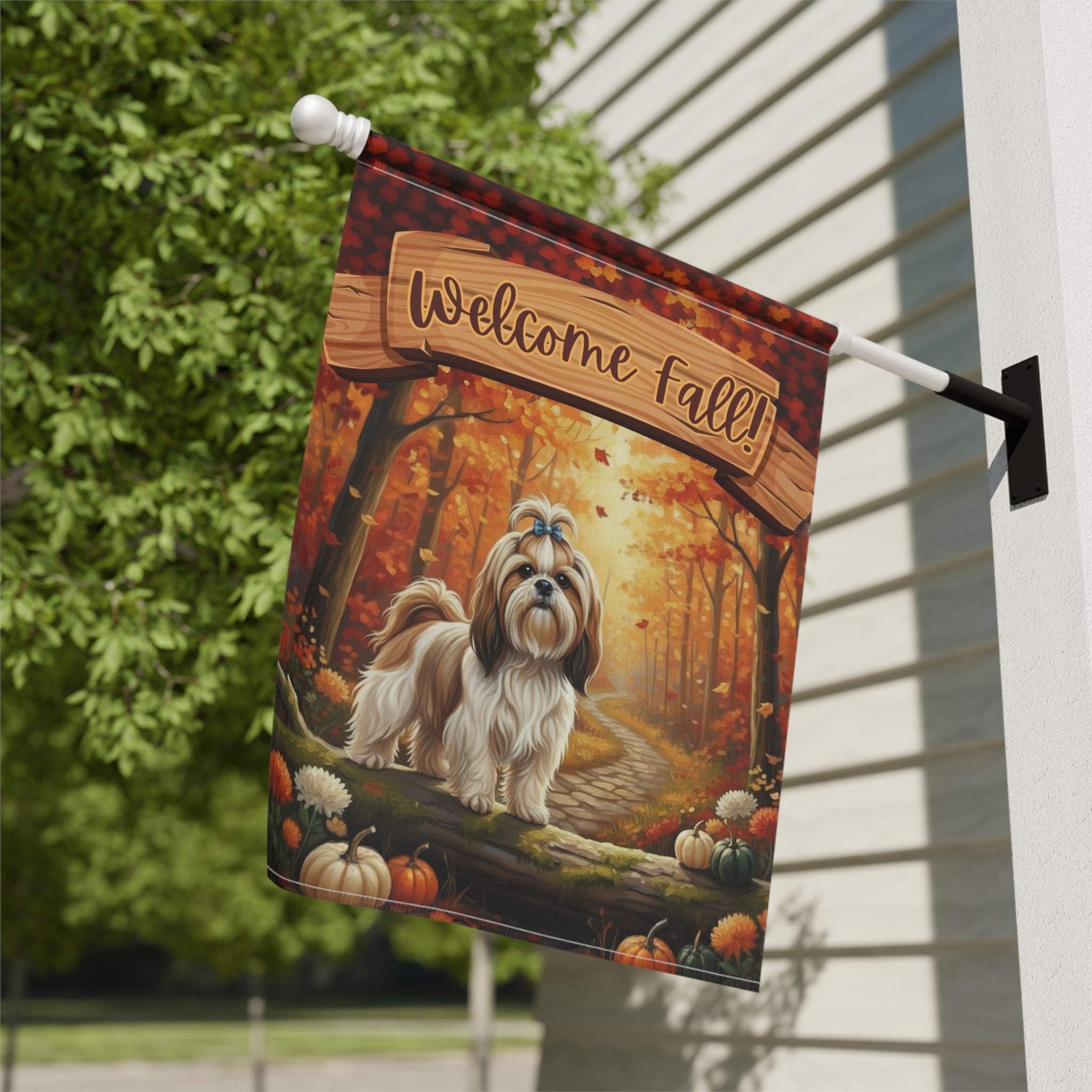 Welcome Fall Shih Tzu Garden Flag - close-up detail - Dragonfire Gardens