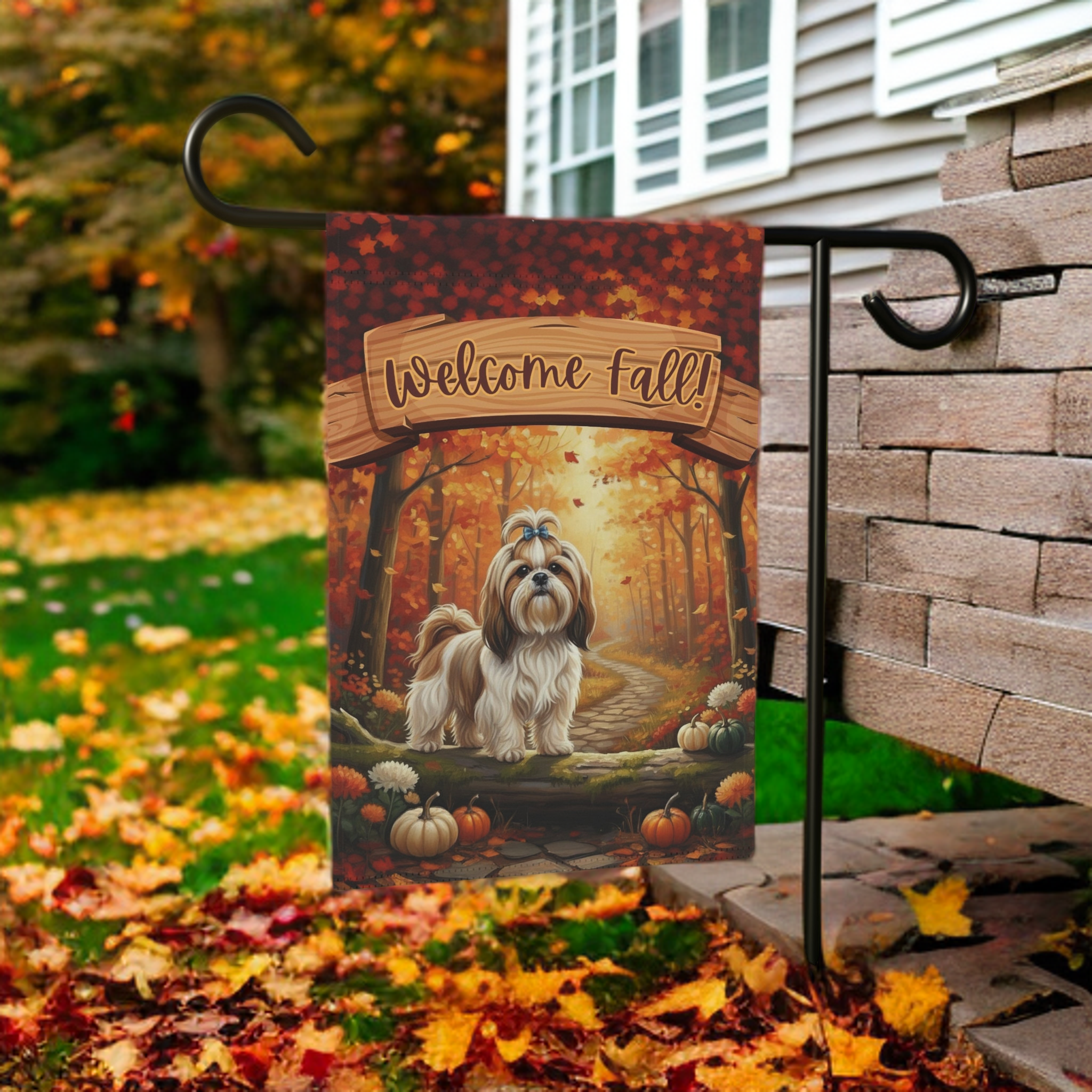 Welcome Fall Shih Tzu Garden Flag - lifestyle display - Dragonfire Gardens