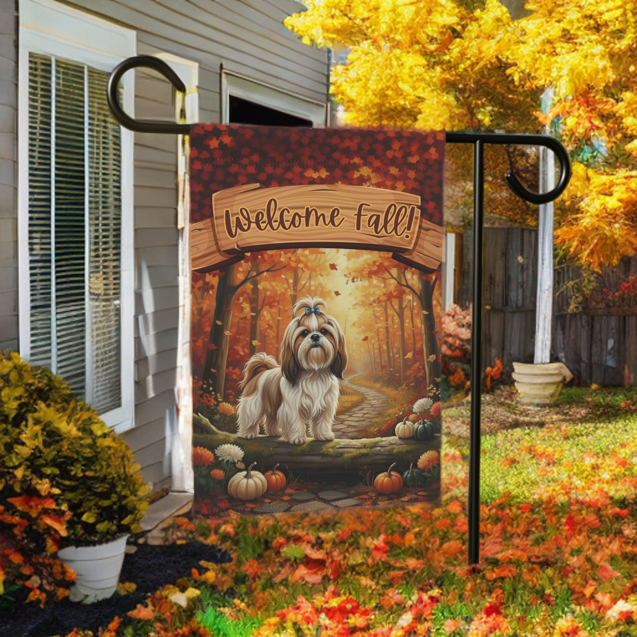 Welcome Fall Shih Tzu Garden Flag - front view - Dragonfire Gardens