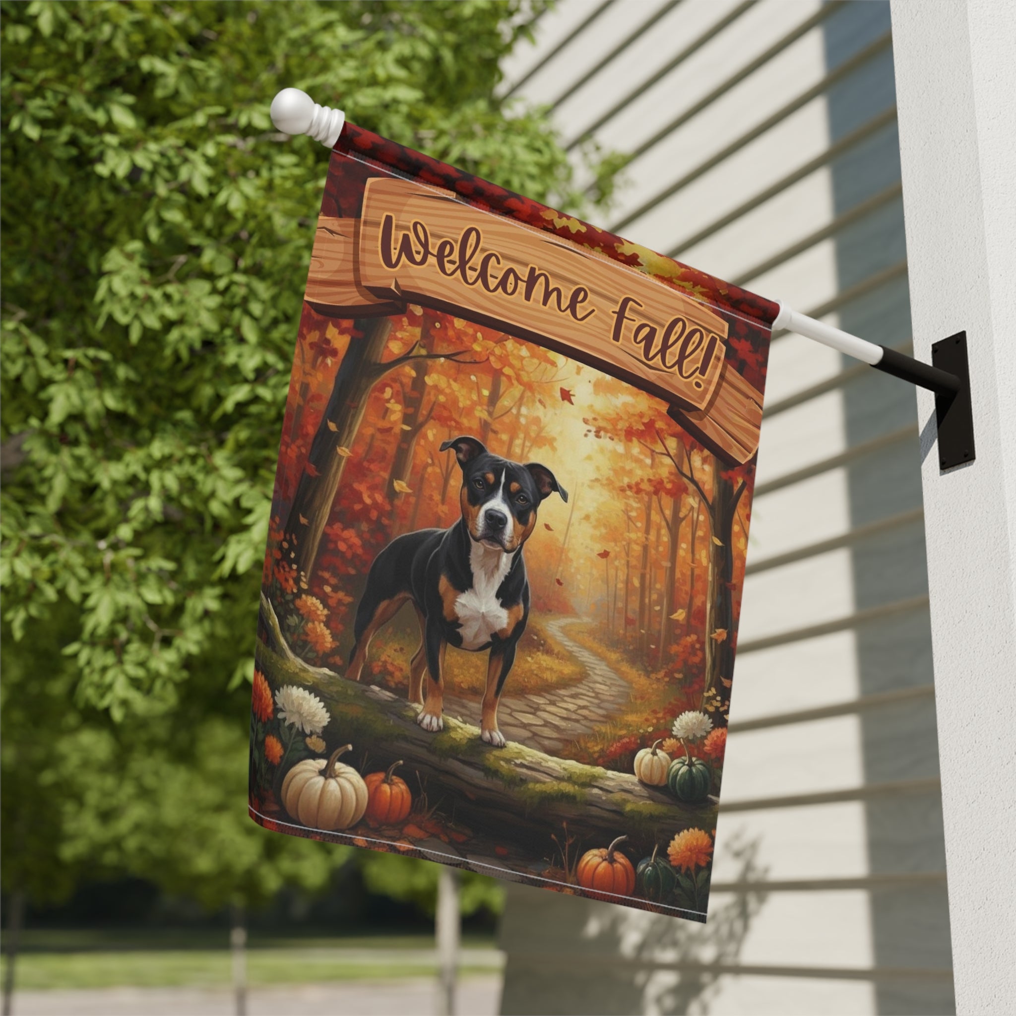 Welcome Fall Pitbull Garden Flag - close-up detail - Dragonfire Gardens