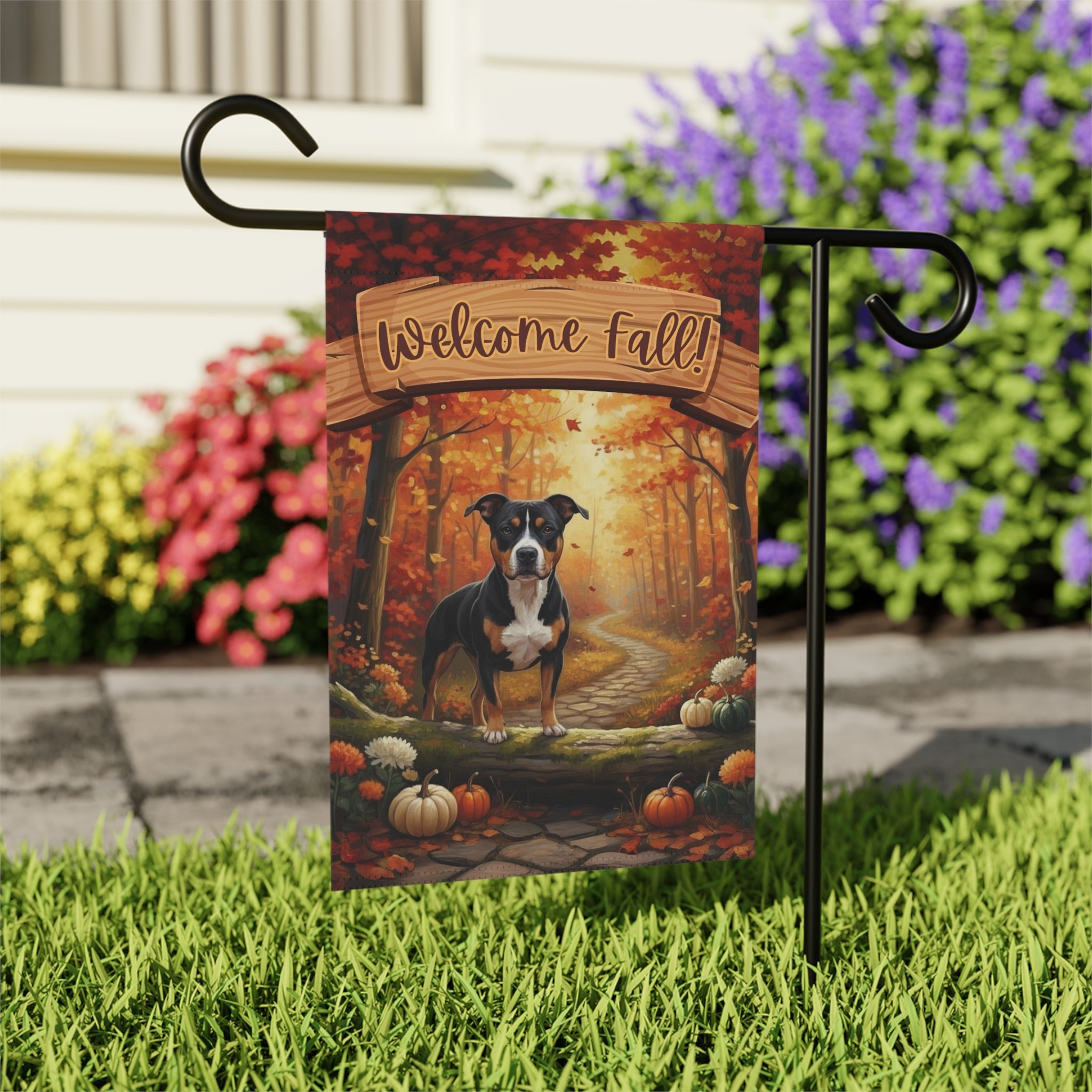 Welcome Fall Pitbull Garden Flag - outdoor display - Dragonfire Gardens