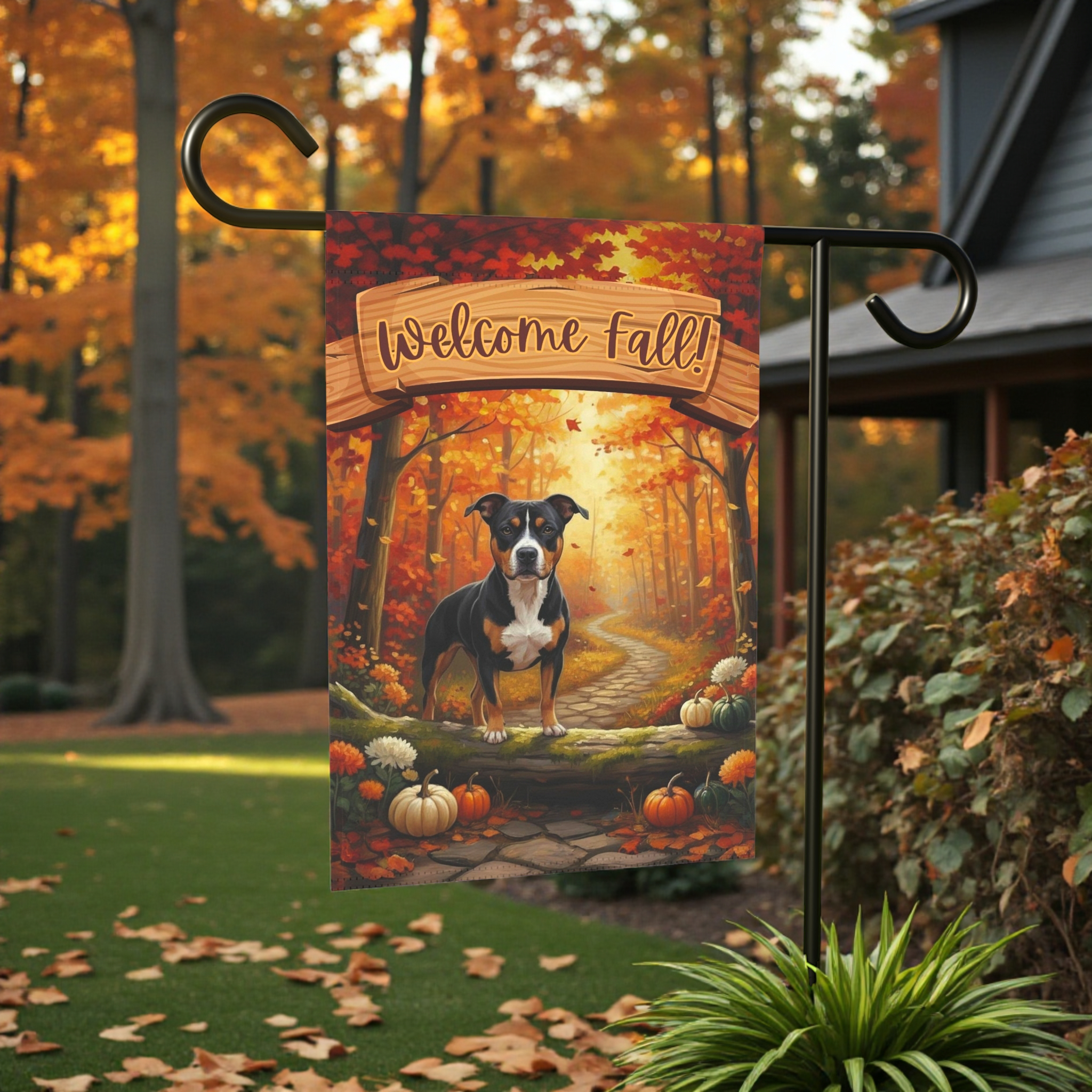 Welcome Fall Pitbull Garden Flag - size comparison - Dragonfire Gardens