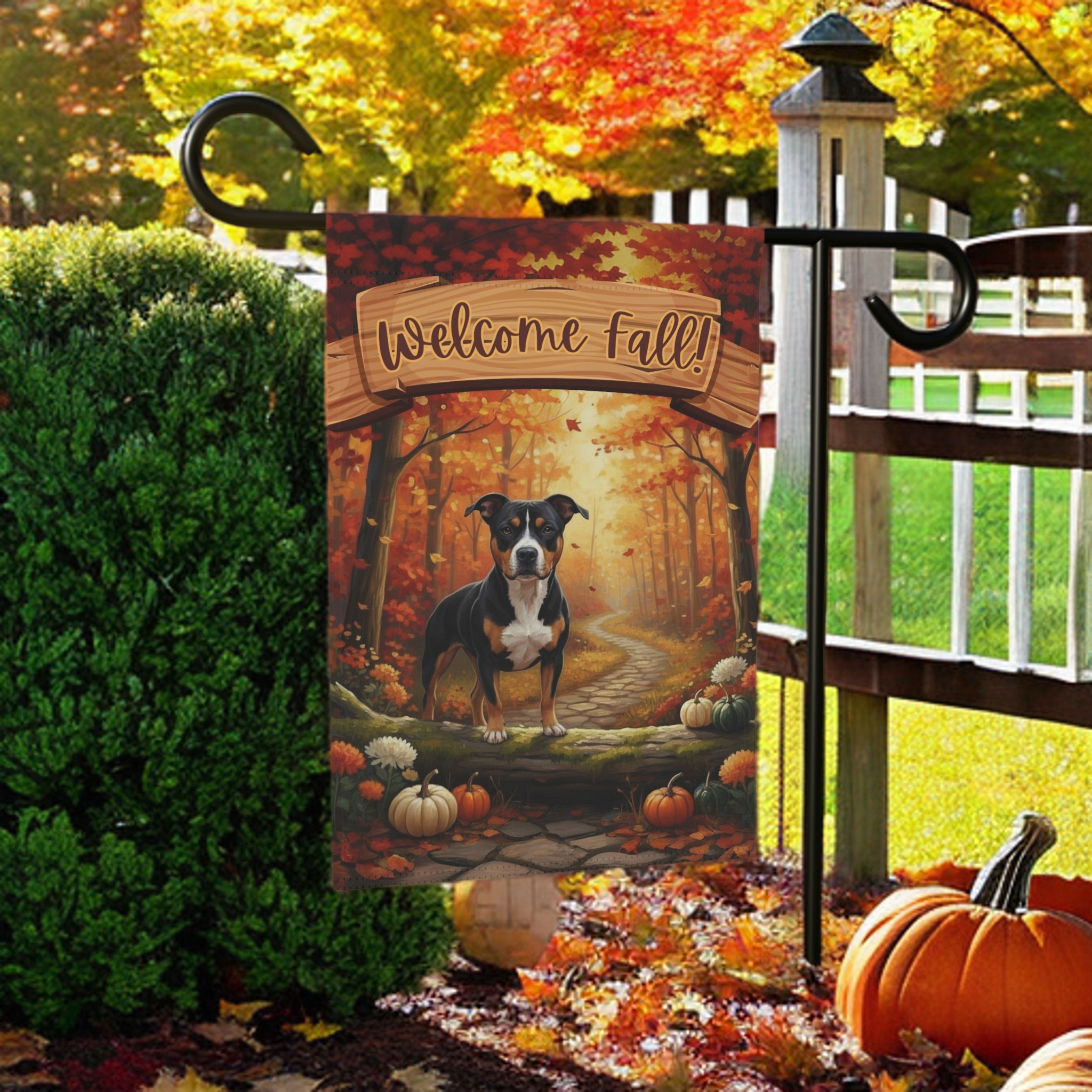 Welcome Fall Pitbull Garden Flag - lifestyle display - Dragonfire Gardens