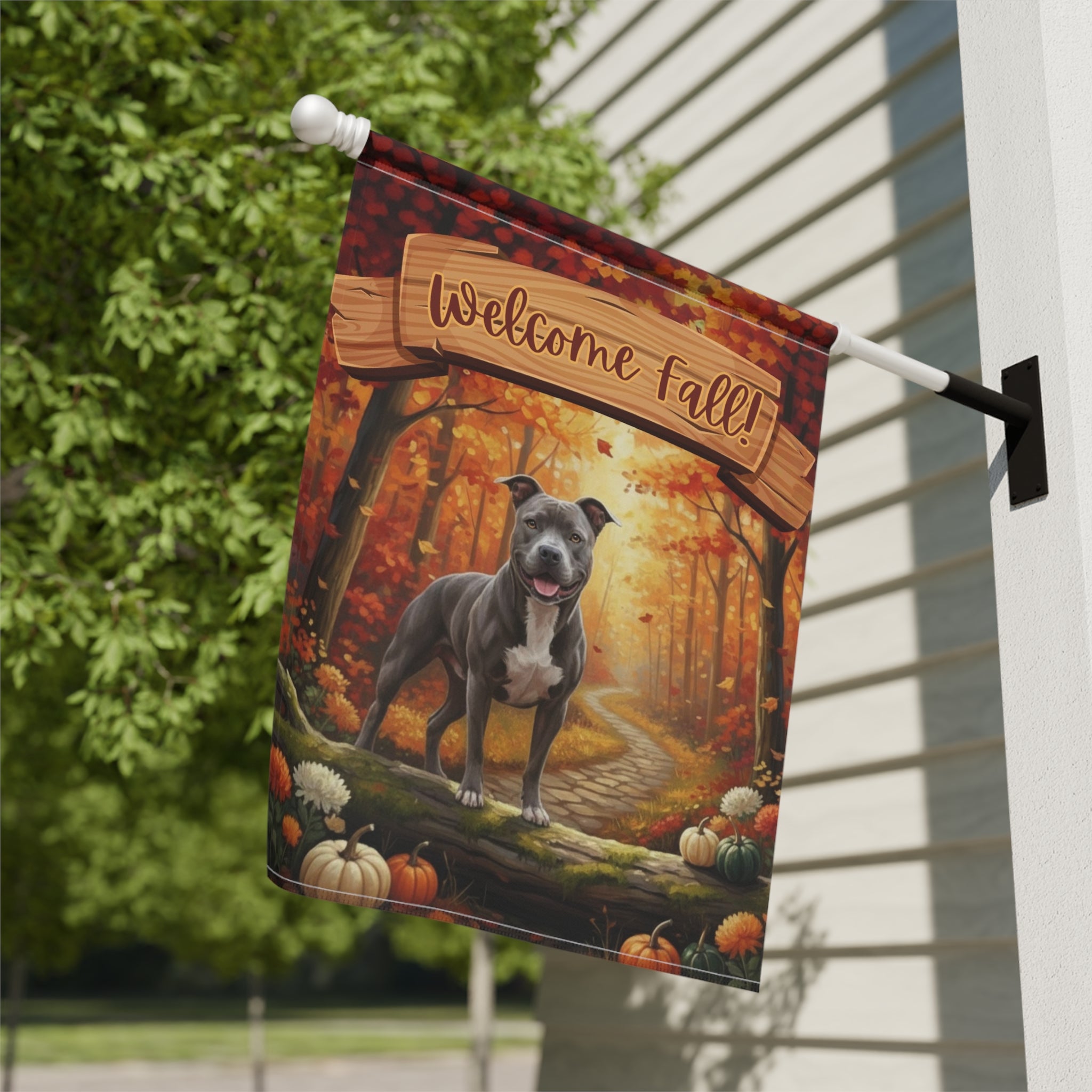 Welcome Fall Gray Pitbull Garden Flag - close-up detail - Dragonfire Gardens