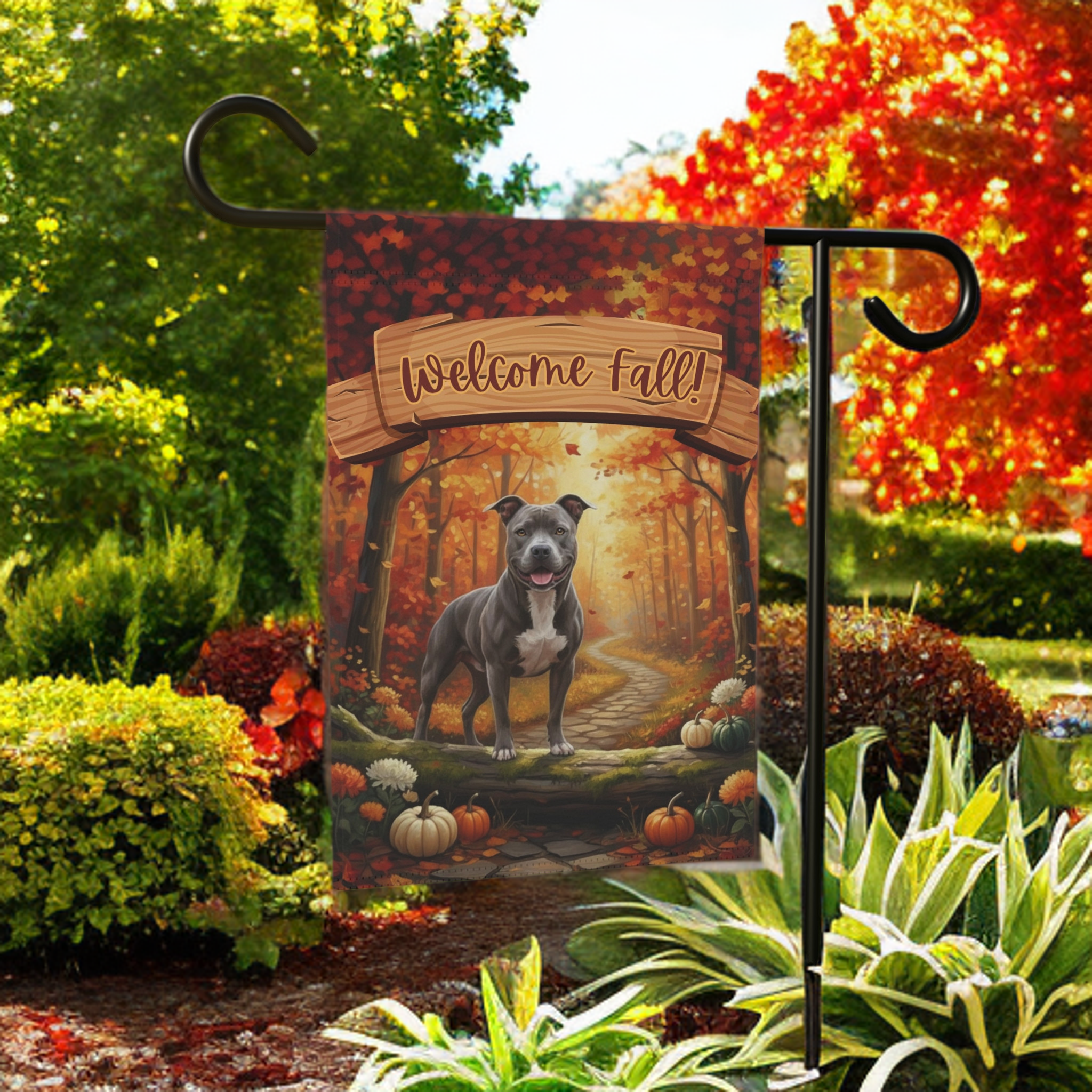 Welcome Fall Gray Pitbull Garden Flag - size comparison - Dragonfire Gardens