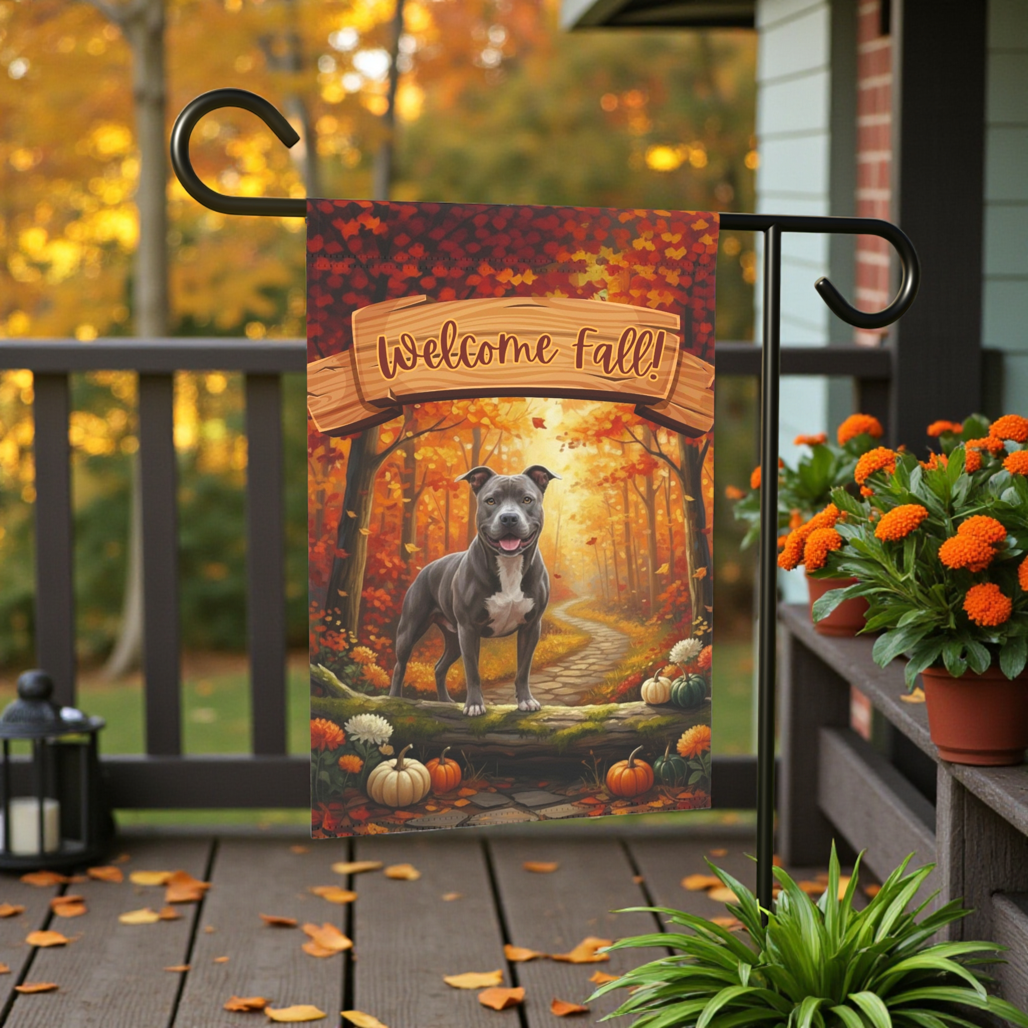 Welcome Fall Gray Pitbull Garden Flag - front view - Dragonfire Gardens