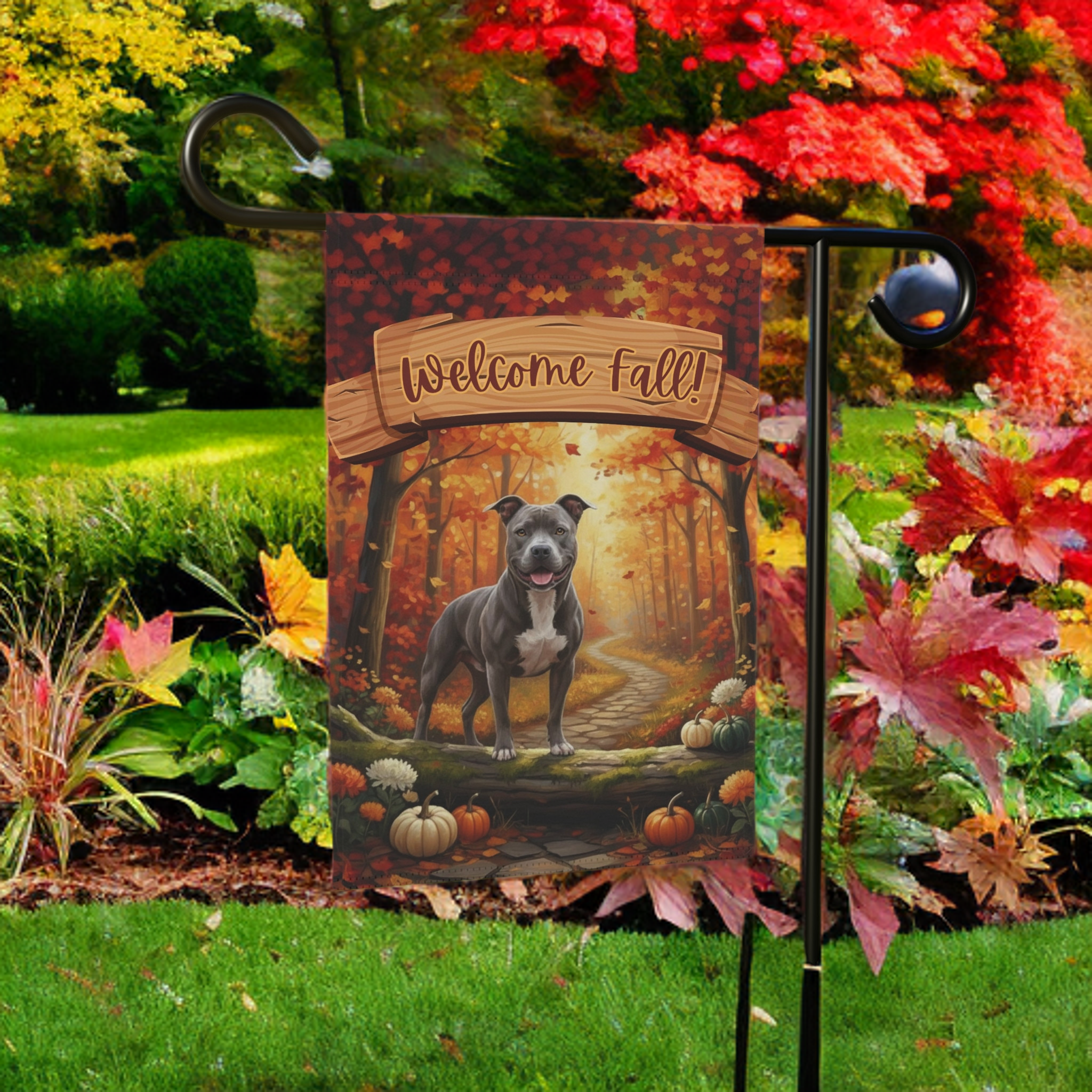 Welcome Fall Gray Pitbull Garden Flag - lifestyle display - Dragonfire Gardens