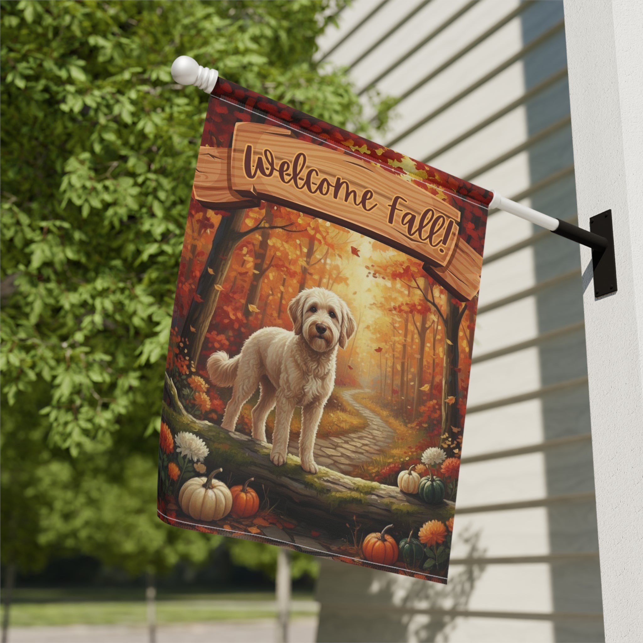 Welcome Fall Golden Noodle Garden Flag - close-up detail - Dragonfire Gardens