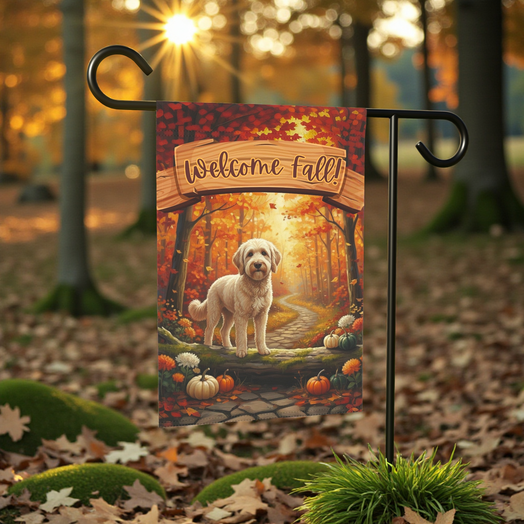 Welcome Fall Golden Noodle Garden Flag - size comparison - Dragonfire Gardens