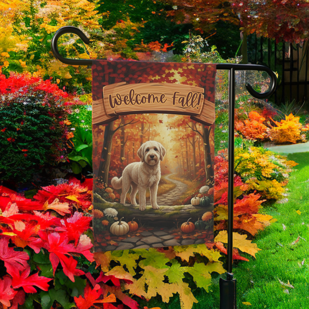 Welcome Fall Golden Noodle Garden Flag - lifestyle display - Dragonfire Gardens