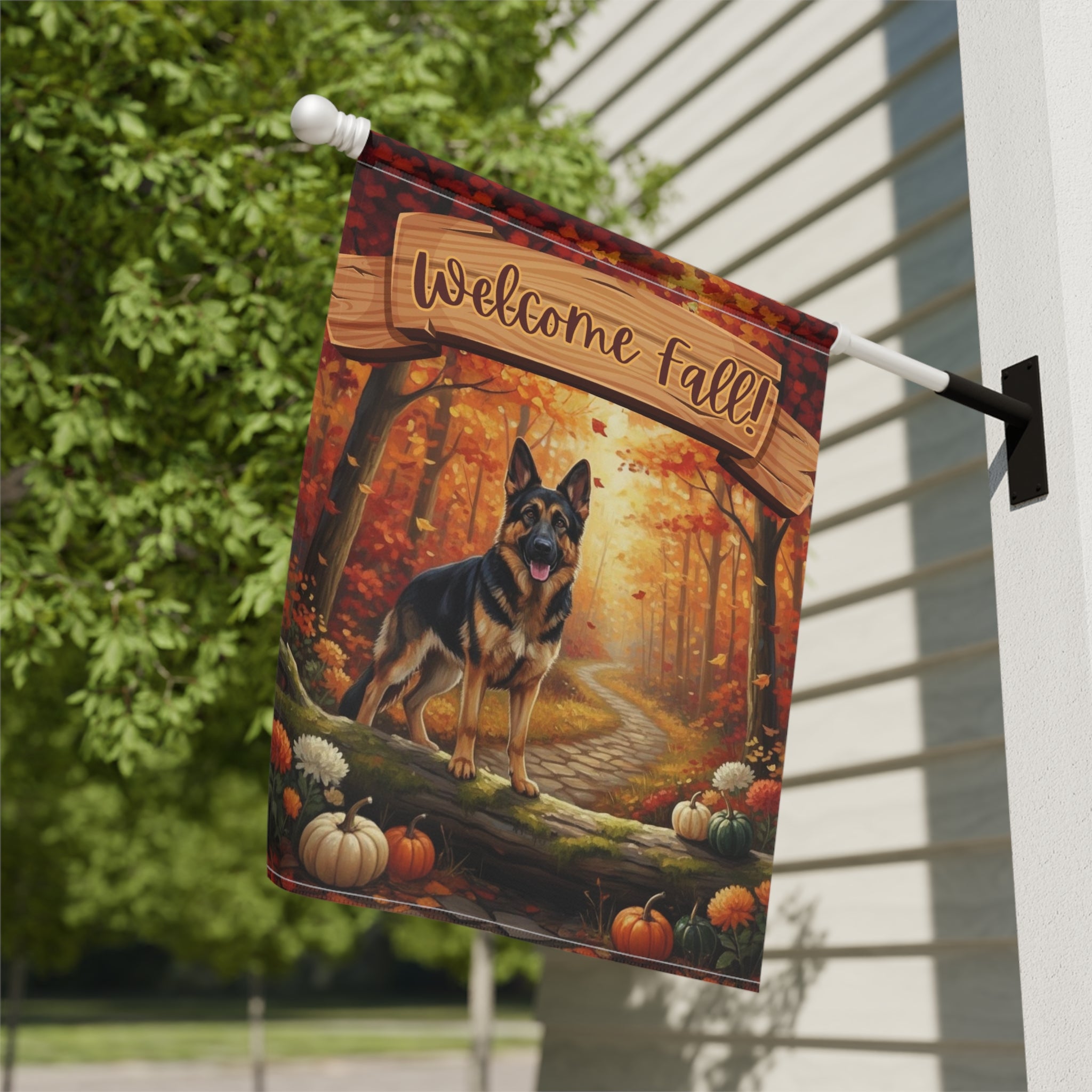Welcome Fall German Shepherd Garden Flag - close-up detail - Dragonfire Gardens