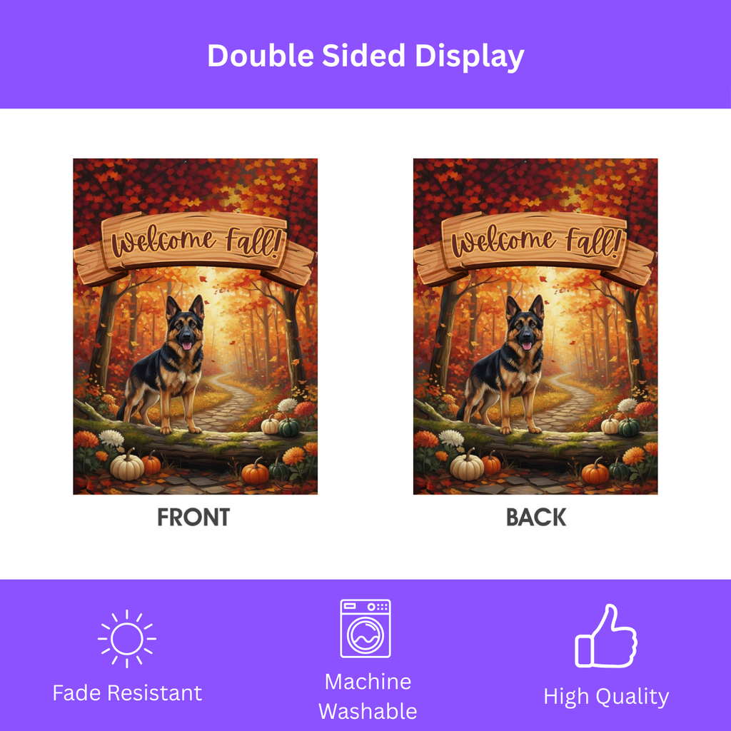 Welcome Fall German Shepherd Garden Flag - double-sided design - Dragonfire Gardens