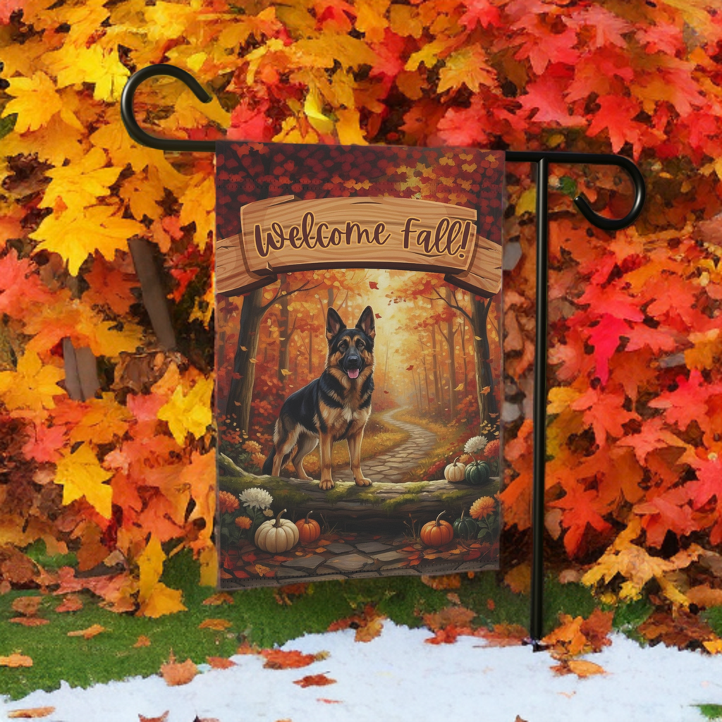 Welcome Fall German Shepherd Garden Flag - size comparison - Dragonfire Gardens