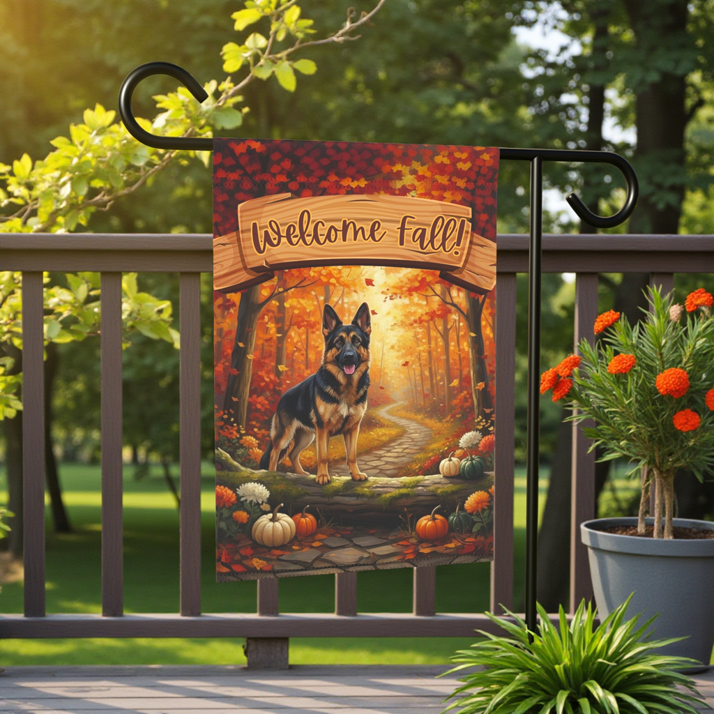 Welcome Fall German Shepherd Garden Flag - front view - Dragonfire Gardens
