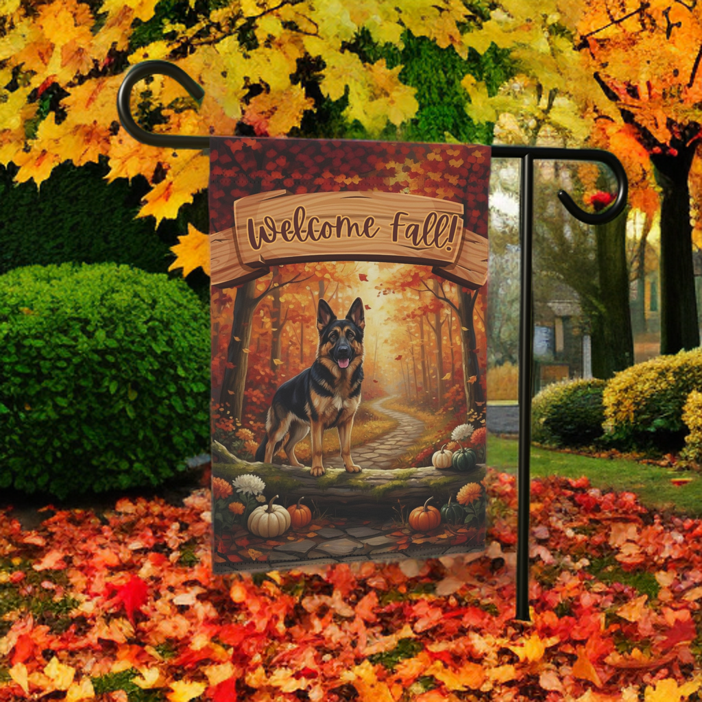 Welcome Fall German Shepherd Garden Flag - lifestyle display - Dragonfire Gardens