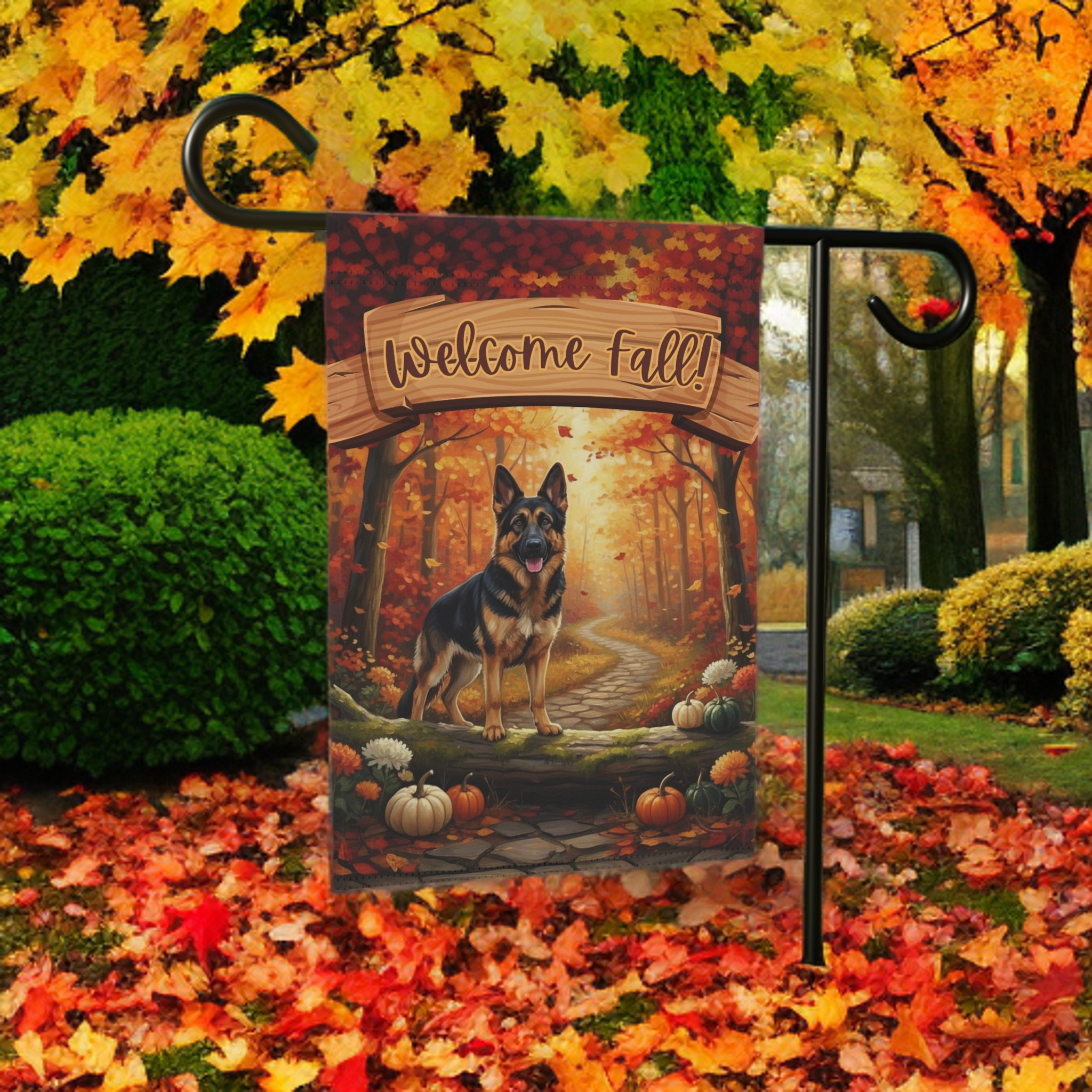 Welcome Fall German Shepherd Garden Flag - lifestyle display - Dragonfire Gardens