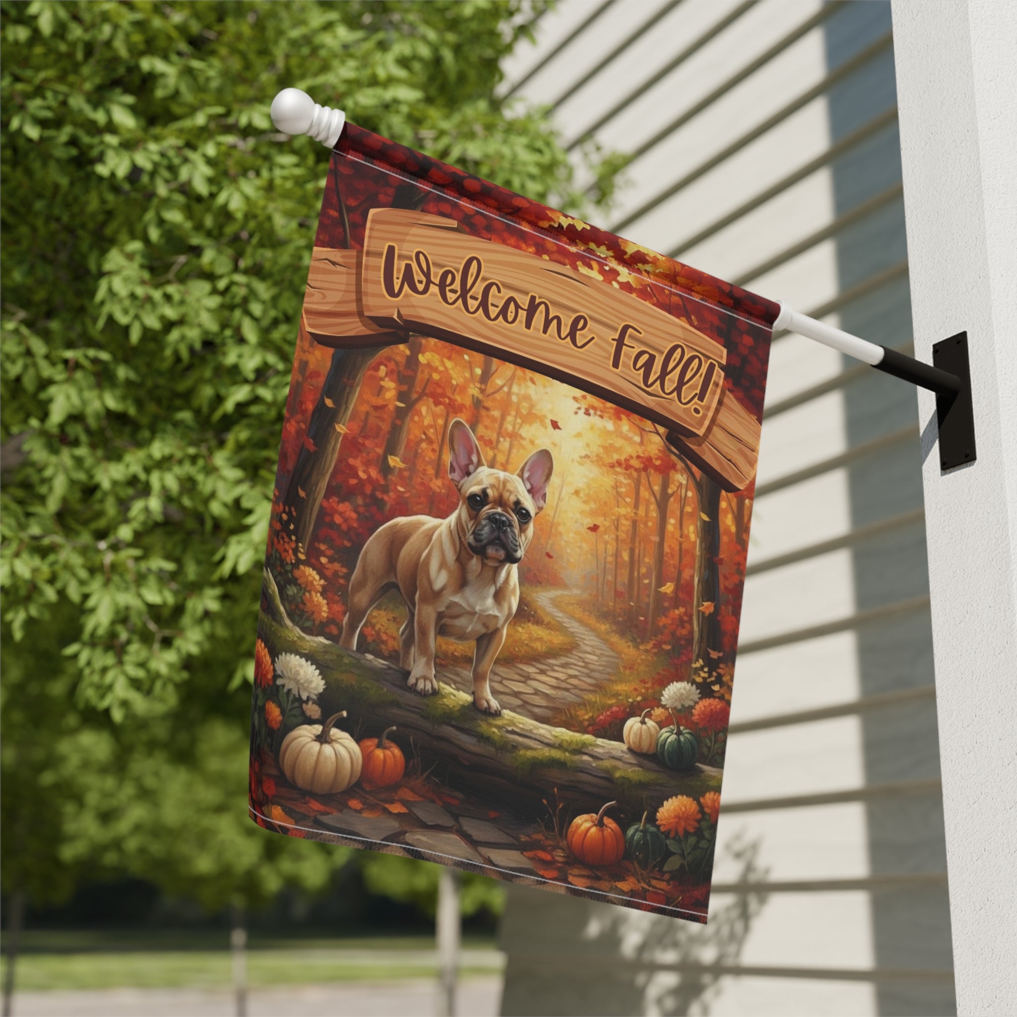 Welcome Fall French Bulldog Garden Flag - close-up detail - Dragonfire Gardens