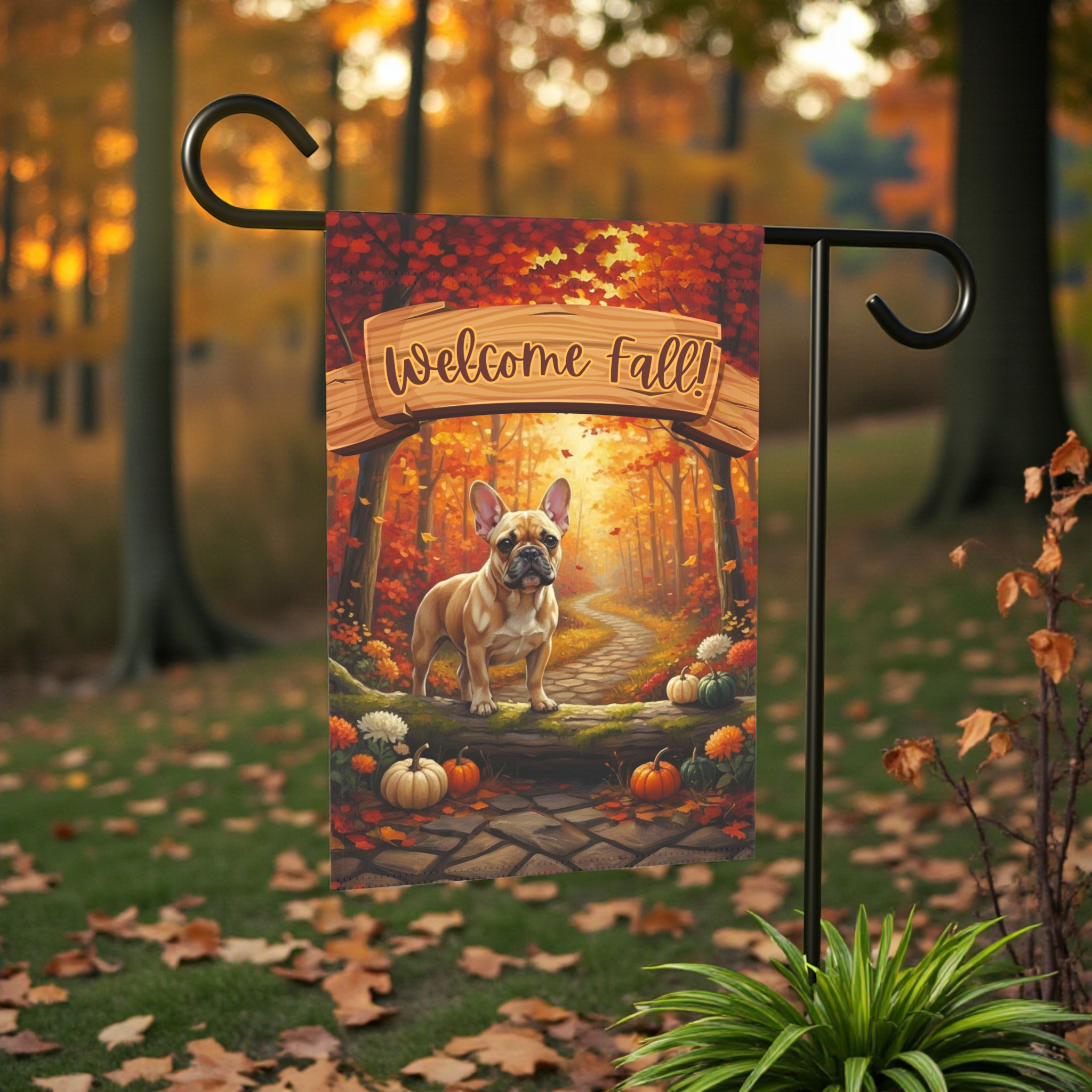 Welcome Fall French Bulldog Garden Flag - front view - Dragonfire Gardens