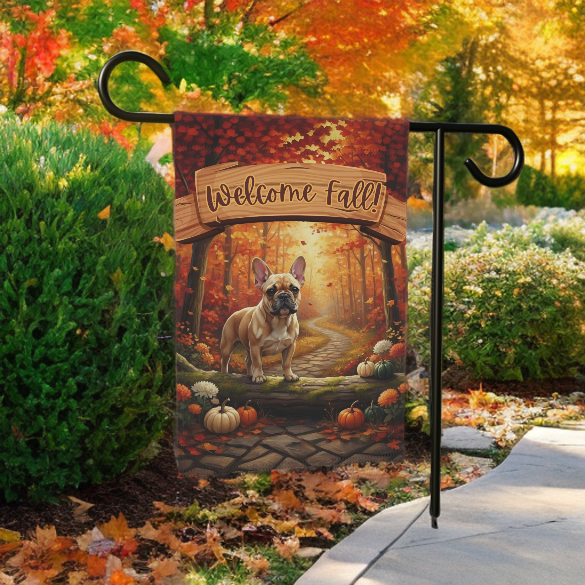 Welcome Fall French Bulldog Garden Flag - lifestyle display - Dragonfire Gardens
