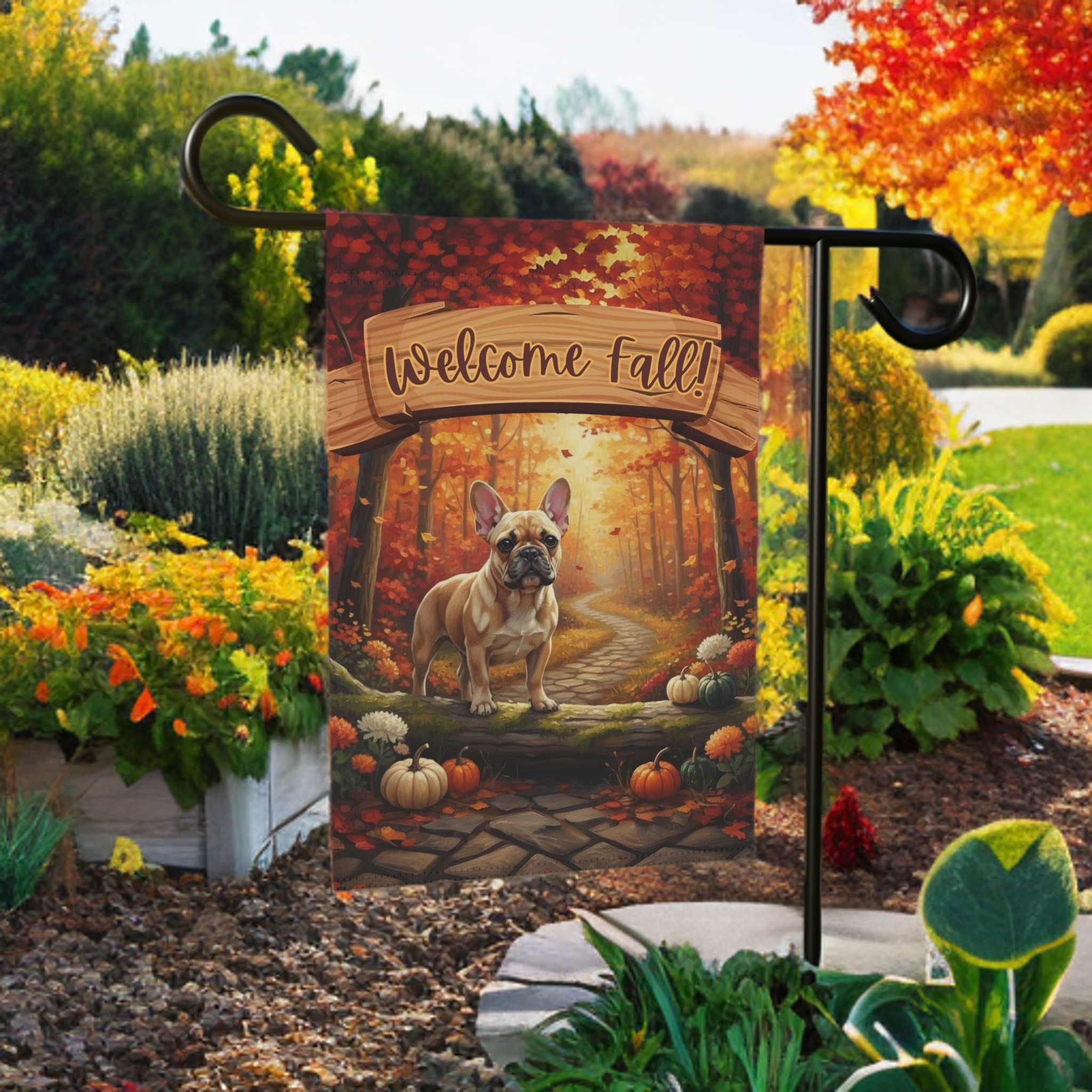 Welcome Fall French Bulldog Garden Flag - size comparison - Dragonfire Gardens
