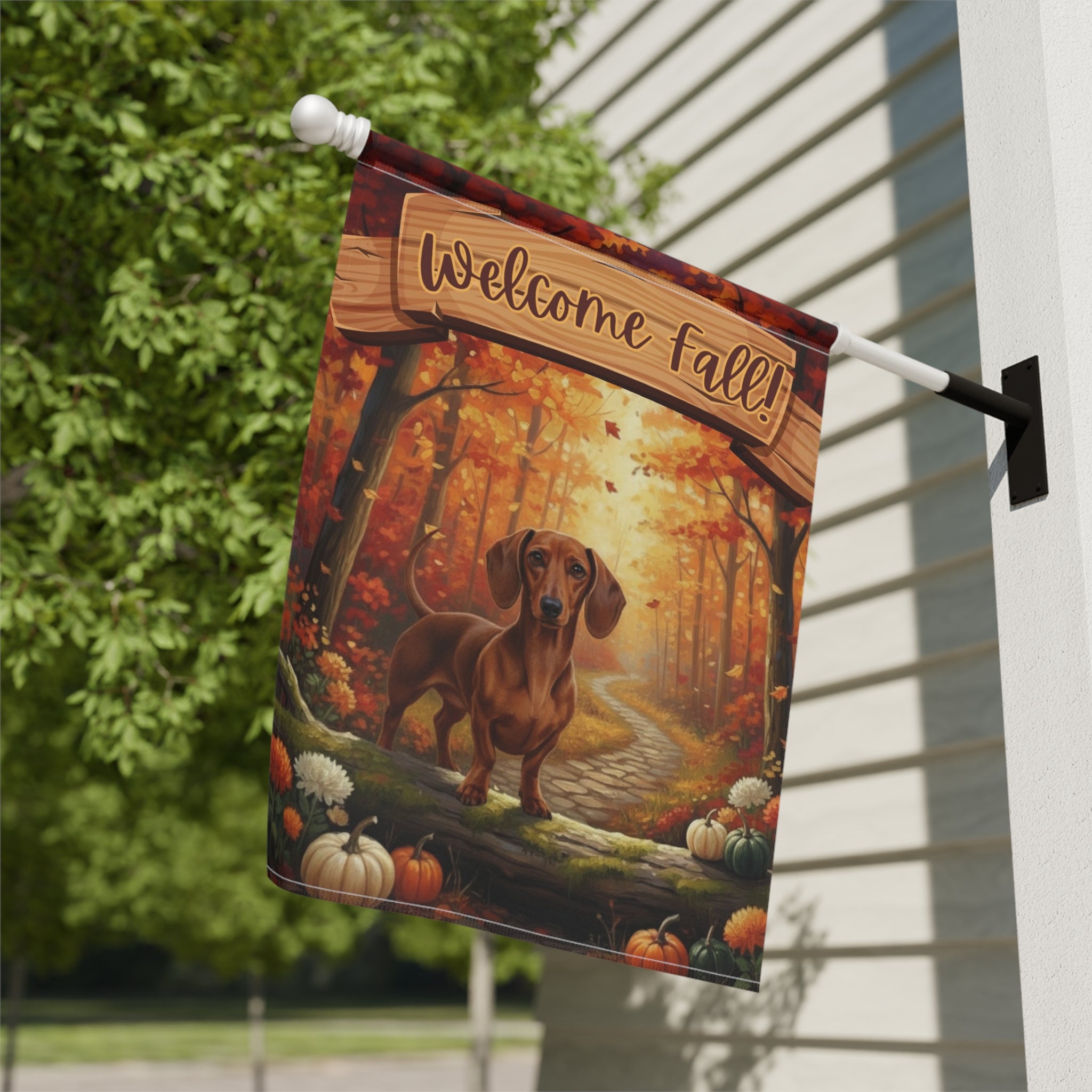 Welcome Fall Dachshund Garden Flag - close-up detail - Dragonfire Gardens