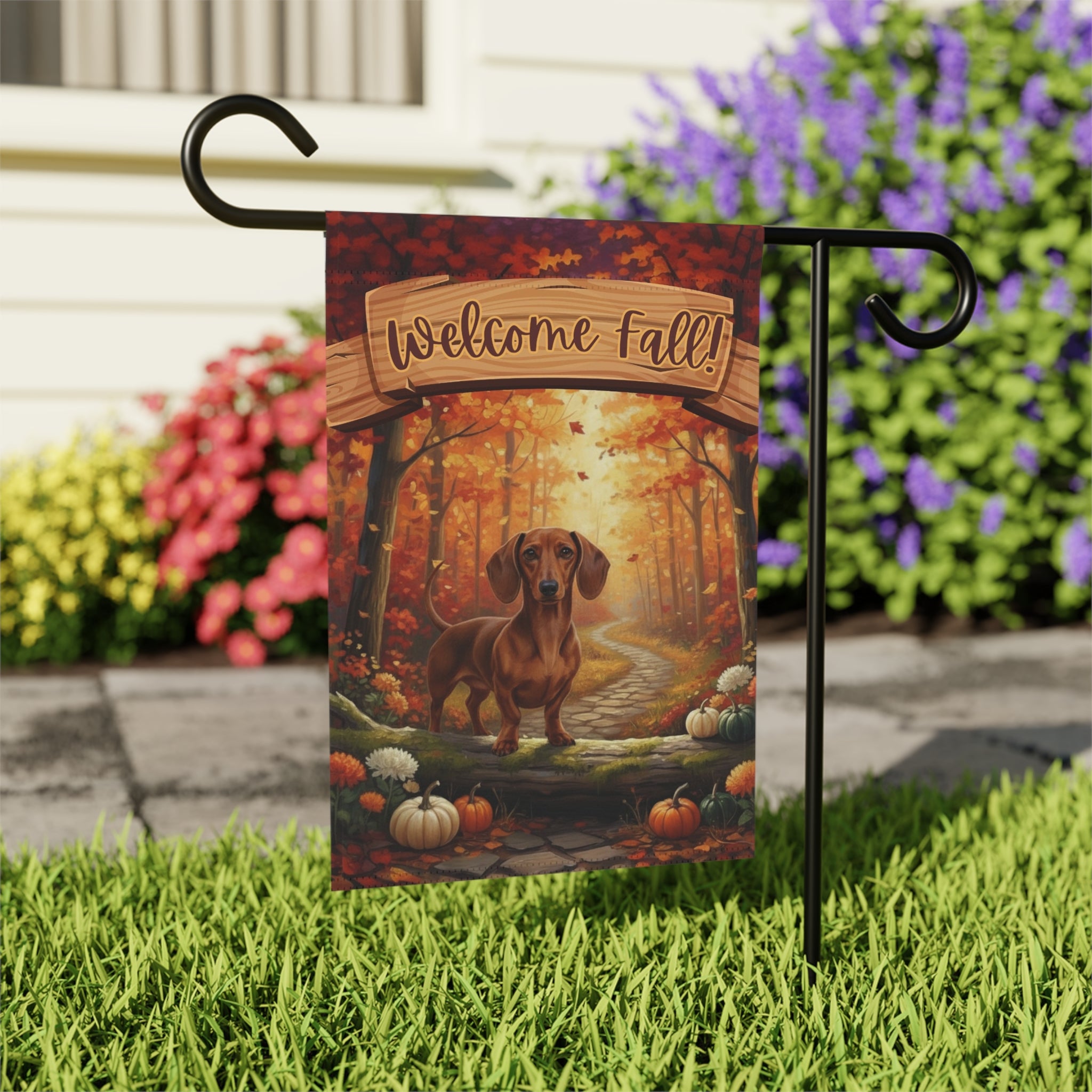 Welcome Fall Dachshund Garden Flag - outdoor display - Dragonfire Gardens