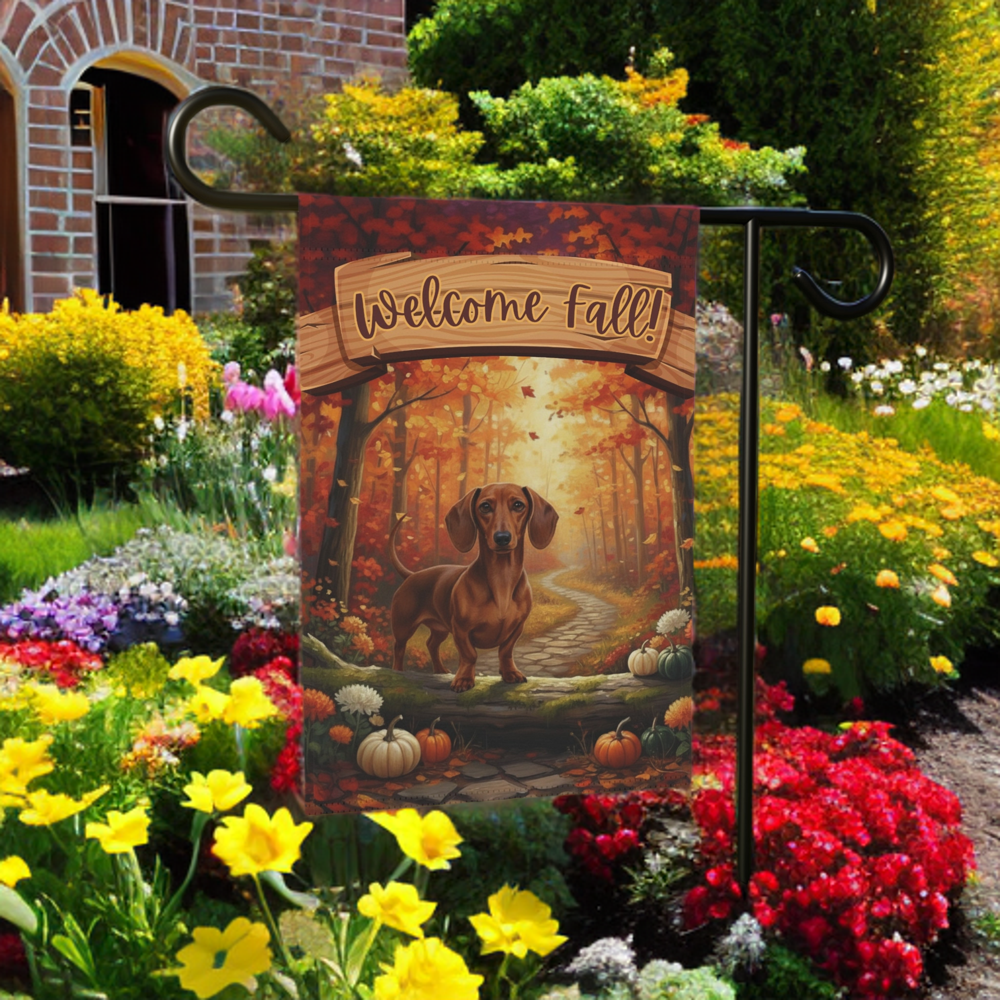 Welcome Fall Dachshund Garden Flag - front view - Dragonfire Gardens