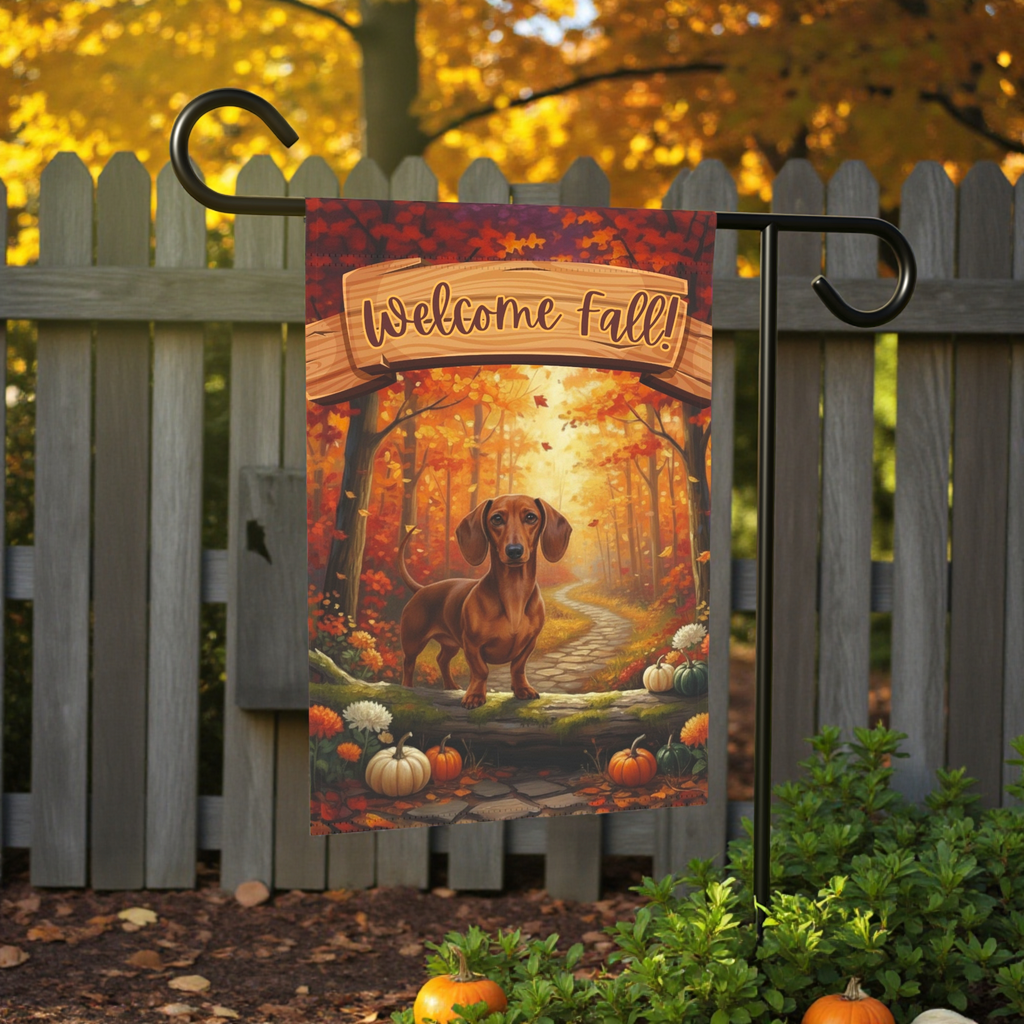 Welcome Fall Dachshund Garden Flag - lifestyle display - Dragonfire Gardens