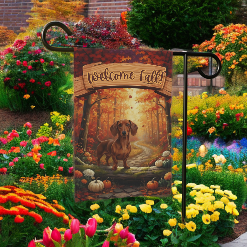 Welcome Fall Dachshund Garden Flag - size comparison - Dragonfire Gardens