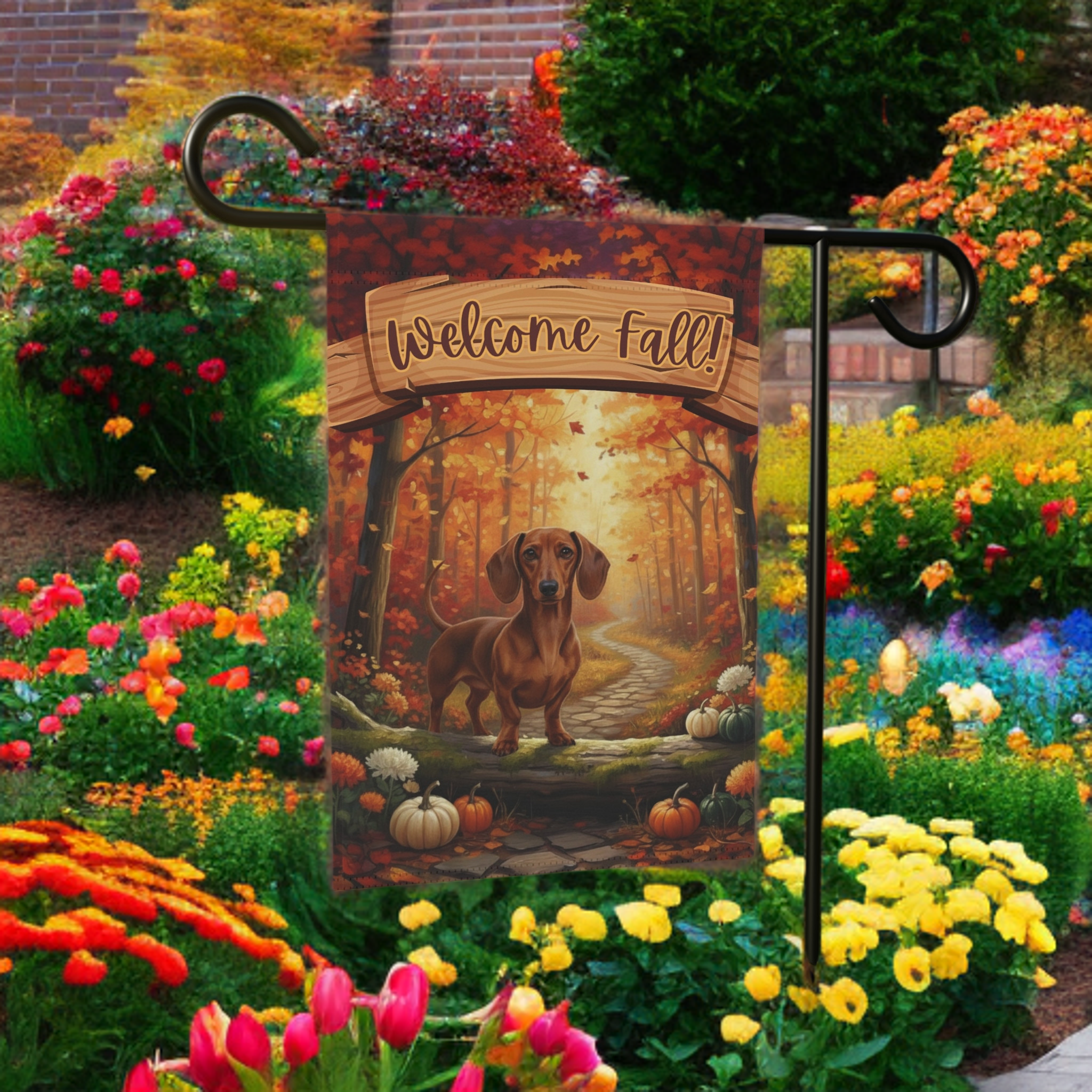Welcome Fall Dachshund Garden Flag - size comparison - Dragonfire Gardens