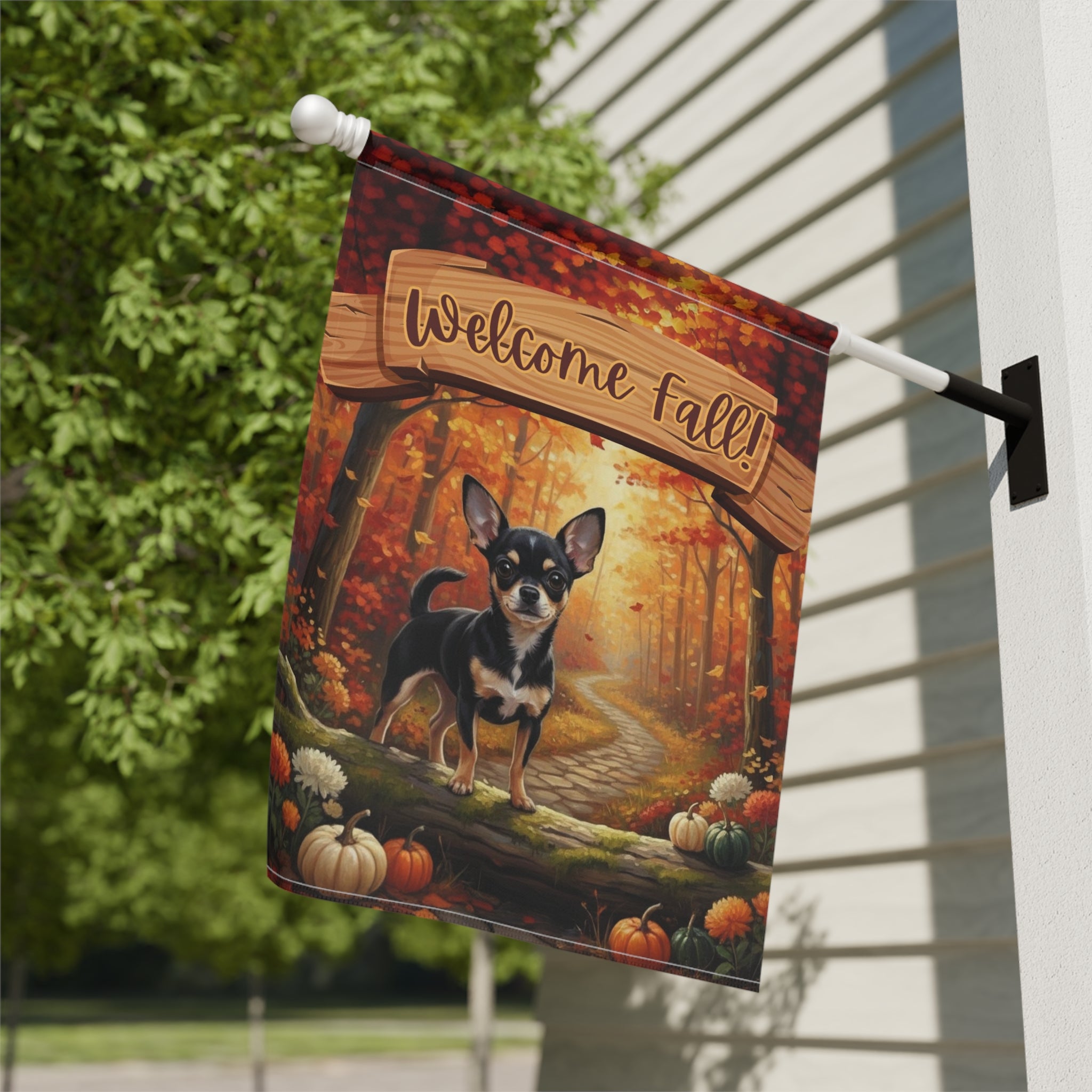 Welcome Fall Chihuahua Garden Flag - close-up detail - Dragonfire Gardens