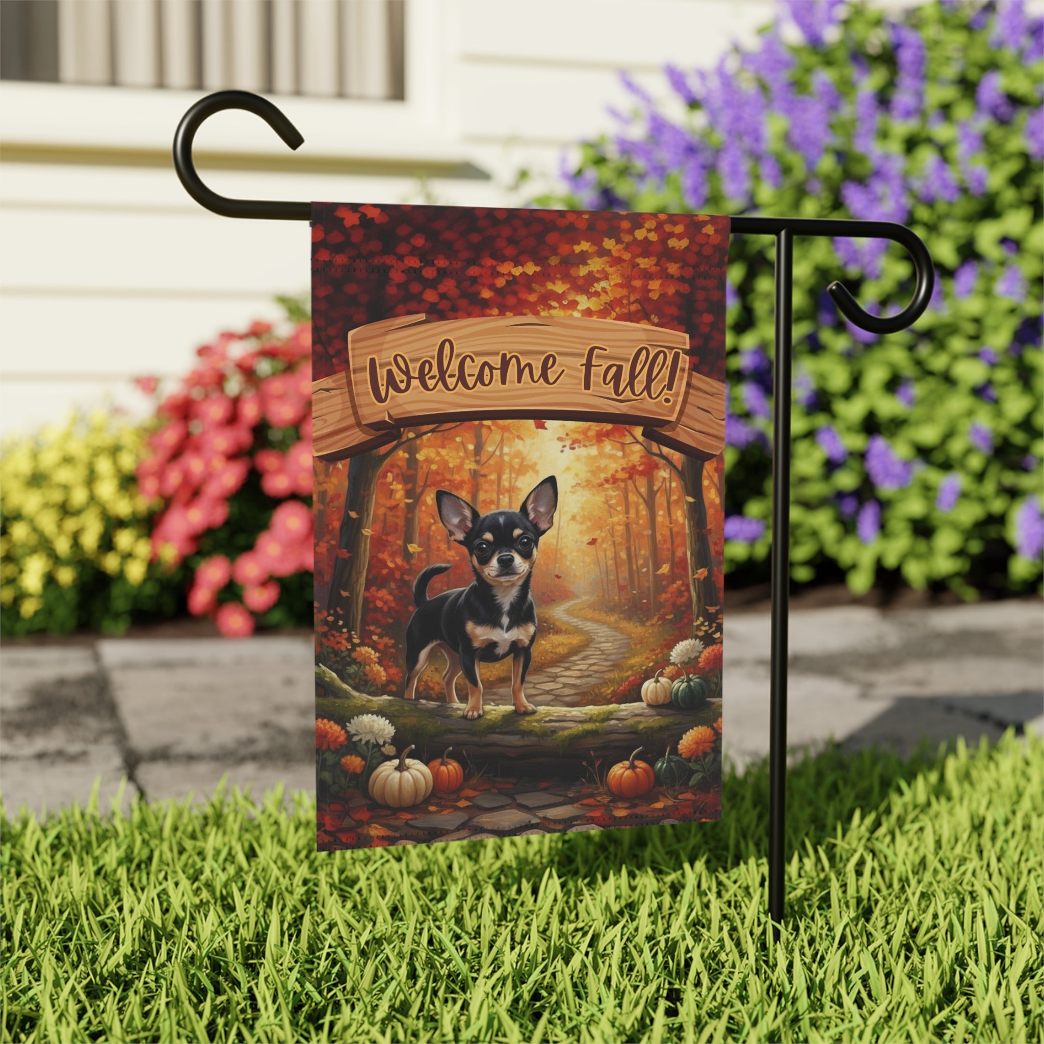 Welcome Fall Chihuahua Garden Flag - outdoor display - Dragonfire Gardens
