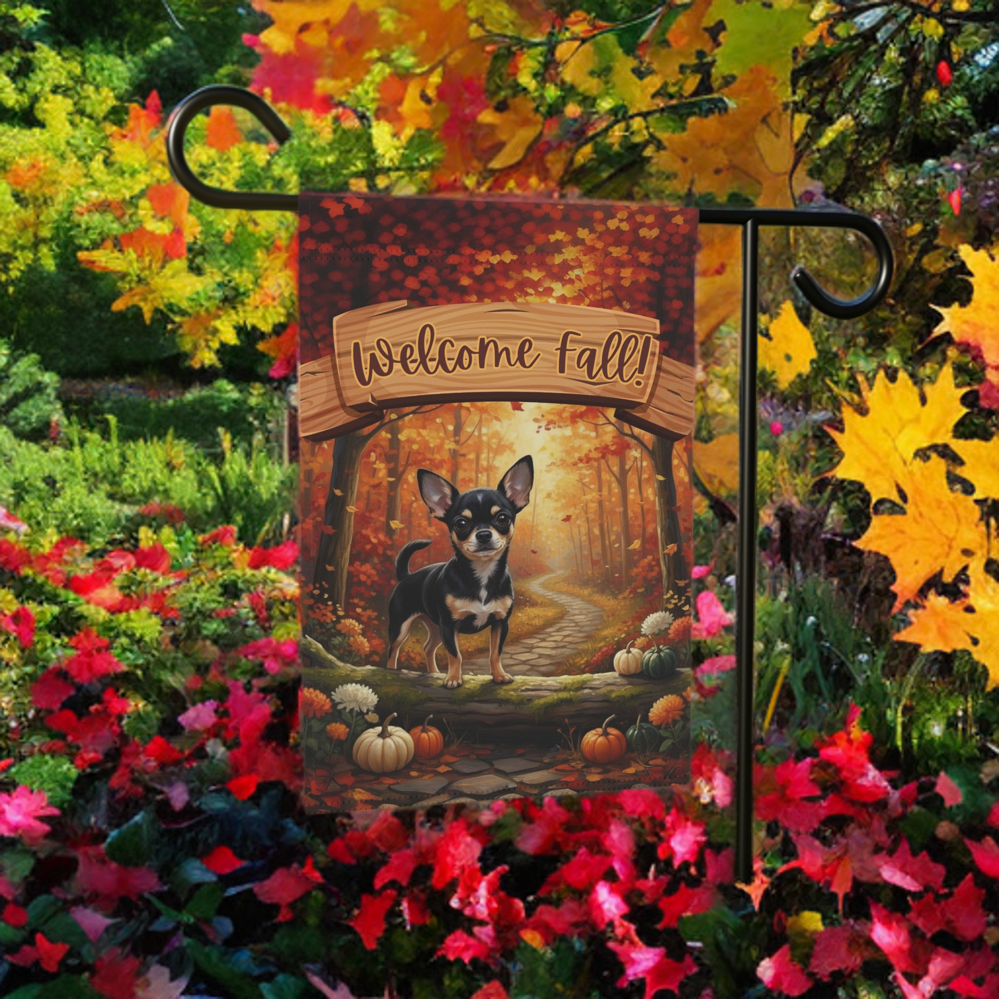 Welcome Fall Chihuahua Garden Flag - size comparison - Dragonfire Gardens