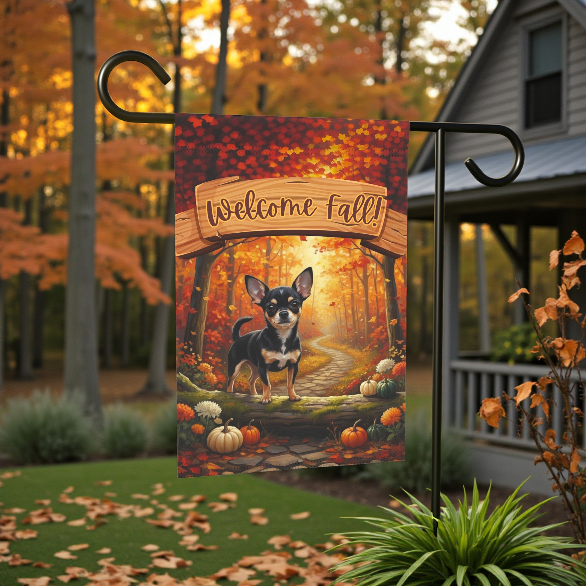 Welcome Fall Chihuahua Garden Flag - front view - Dragonfire Gardens
