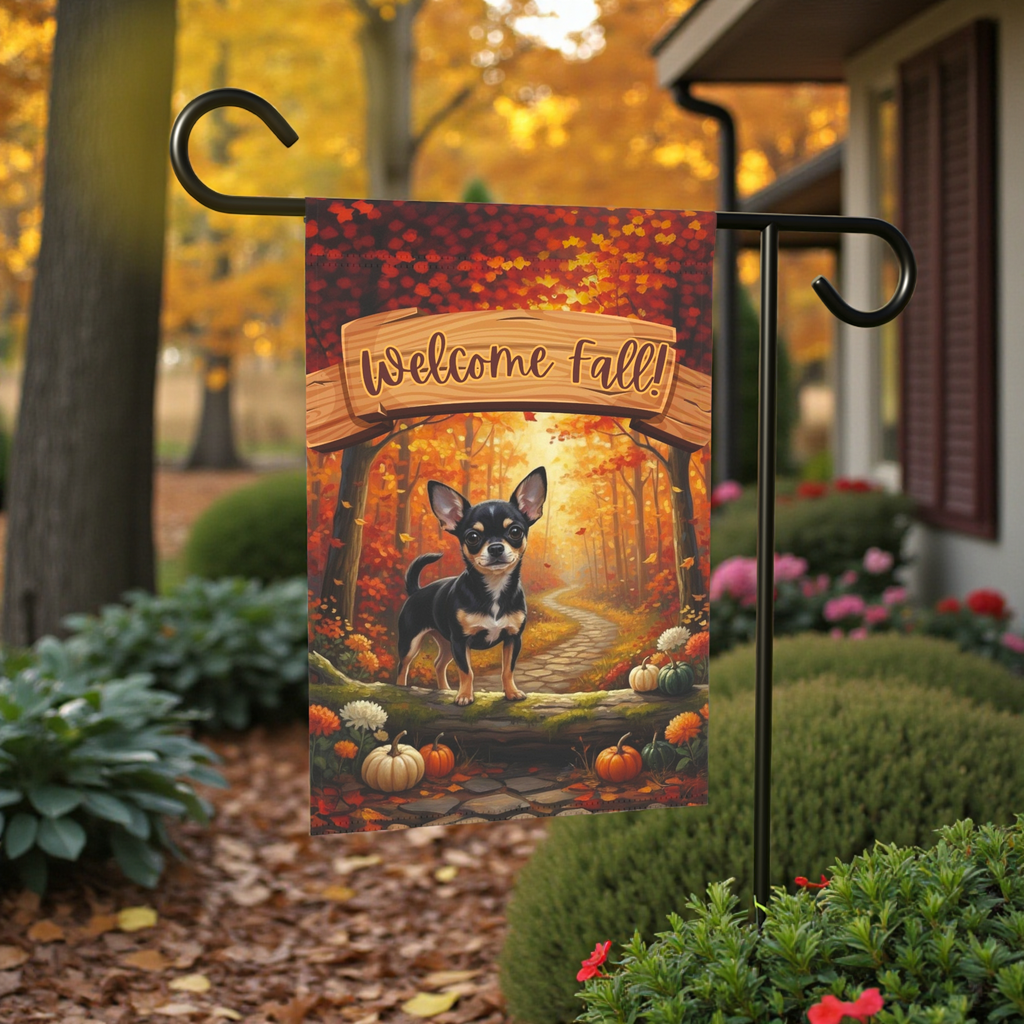 Welcome Fall Chihuahua Garden Flag - lifestyle display - Dragonfire Gardens