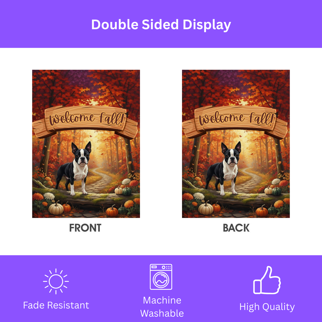 Welcome Fall Boston Terrier Garden Flag - double-sided design - Dragonfire Gardens